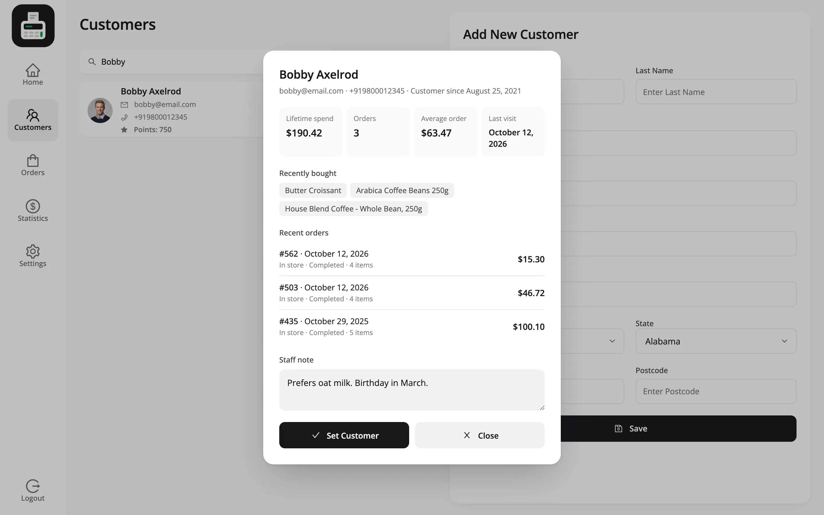 The customer profile popup for Bobby Axelrod with lifetime spend, orders, average order, last visit, recently bought products and recent orders