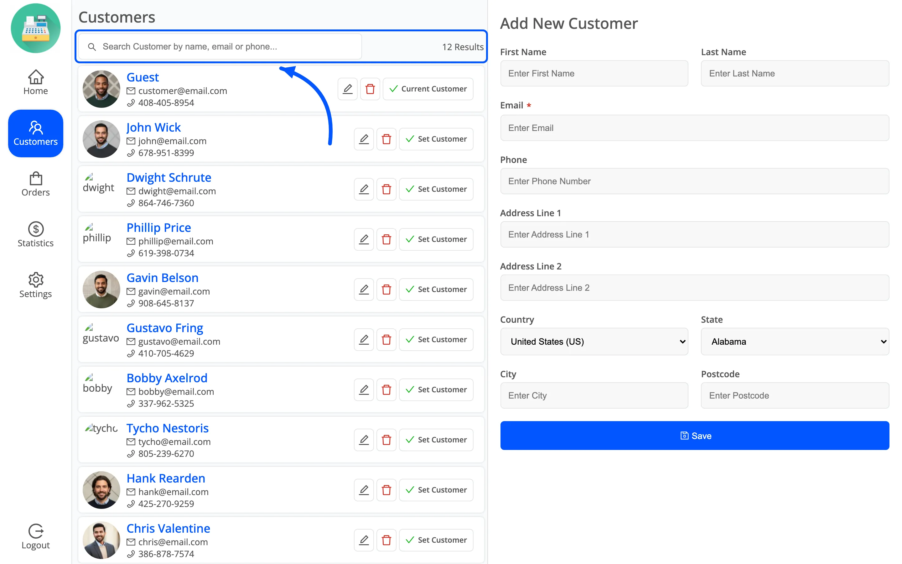 The customer search box on the POS customers screen