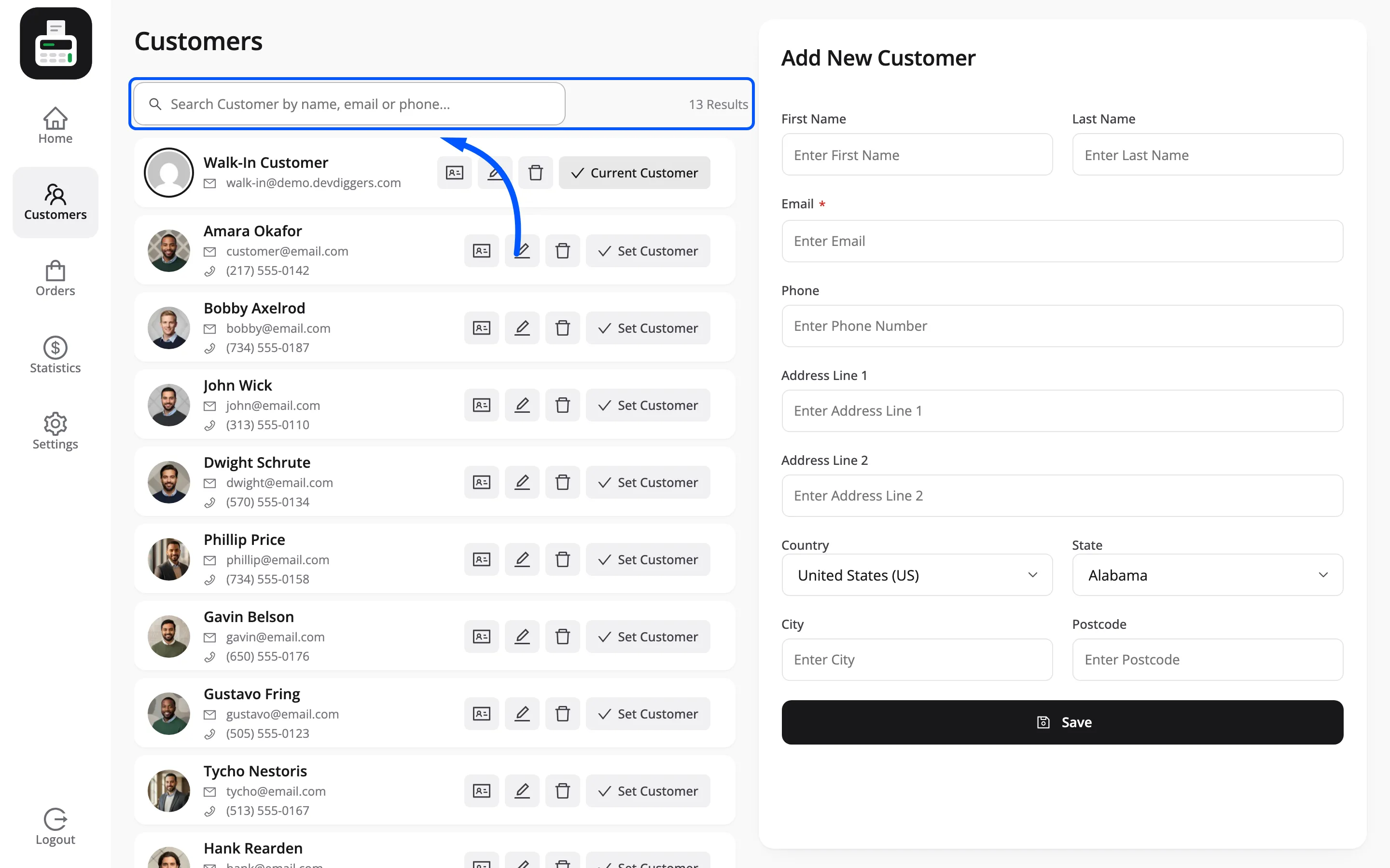 The customer search box on the POS customers screen