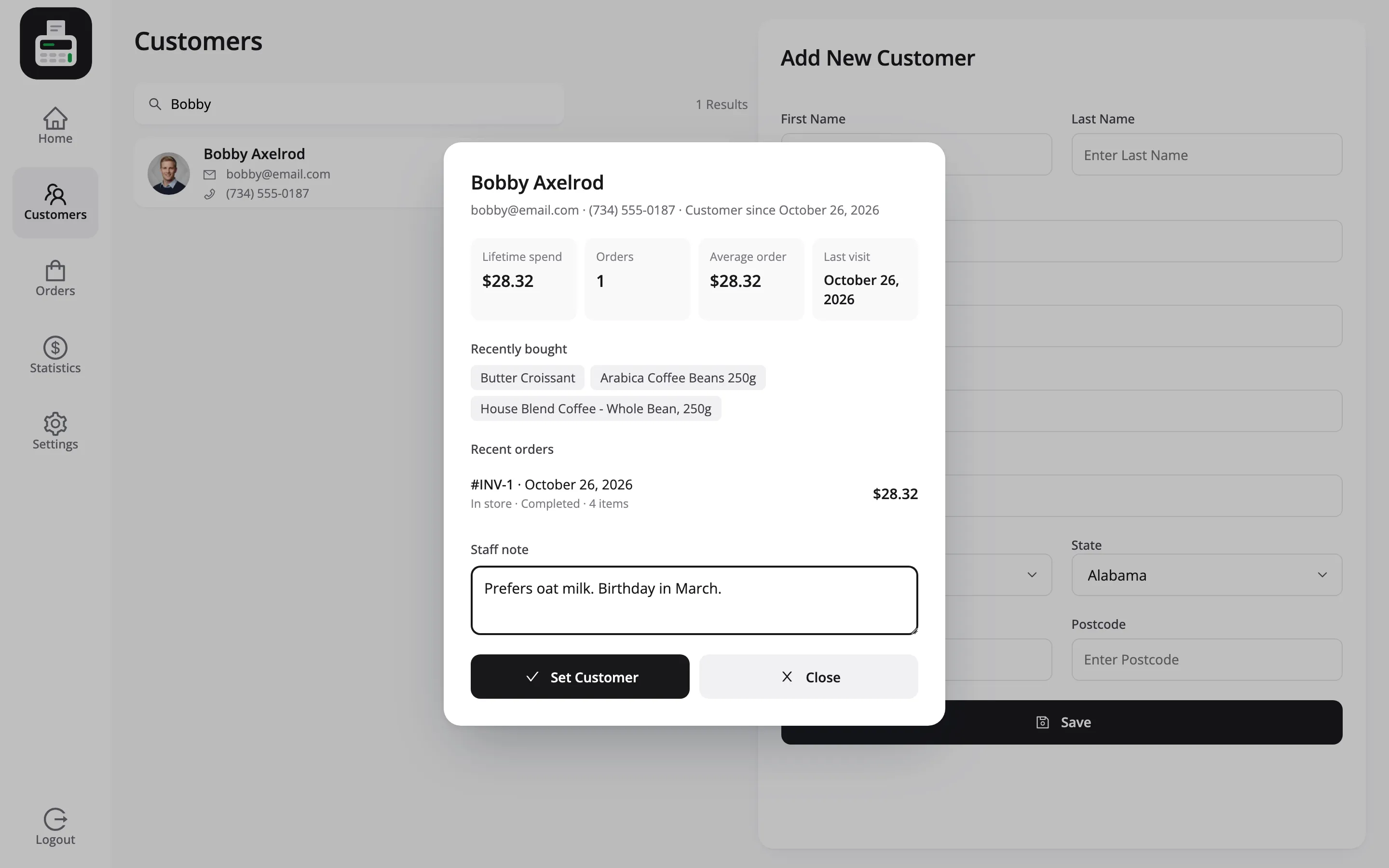 The customer profile with the staff note Prefers oat milk. Birthday in March. typed in