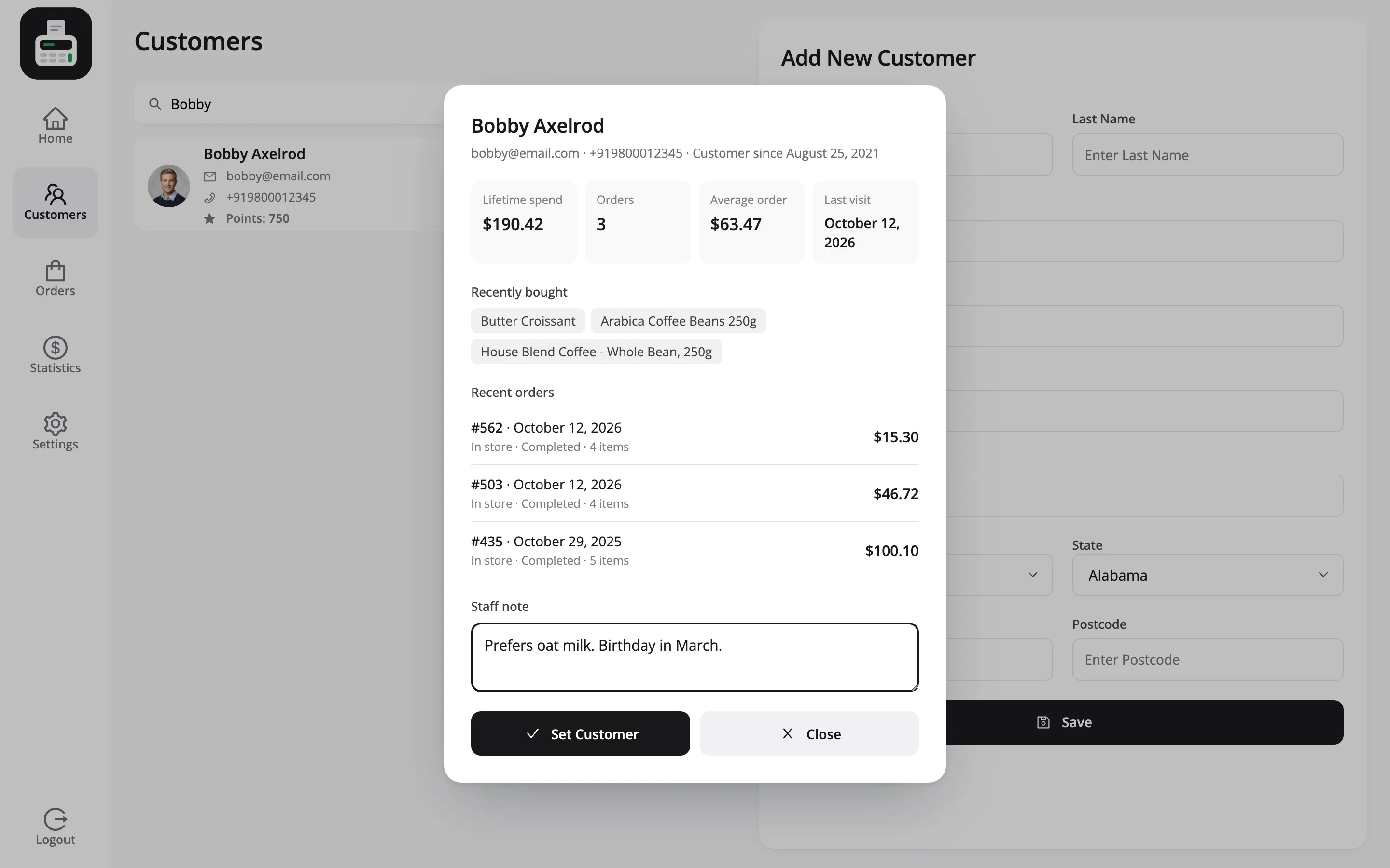 The customer profile with the staff note Prefers oat milk. Birthday in March. typed in