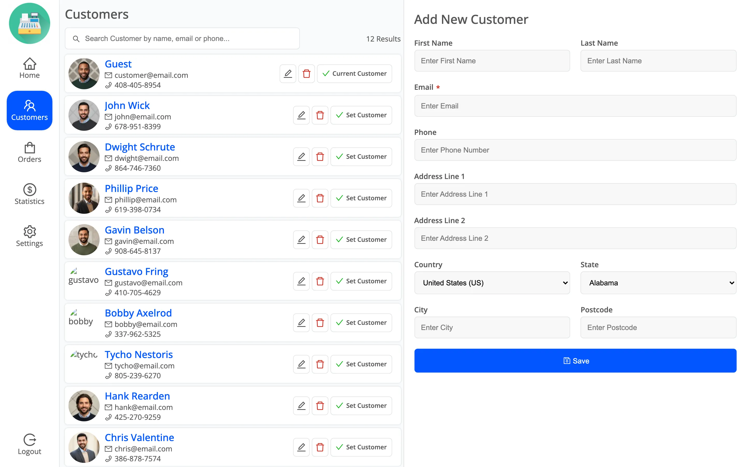 The POS customers screen with the customer list and the add customer form