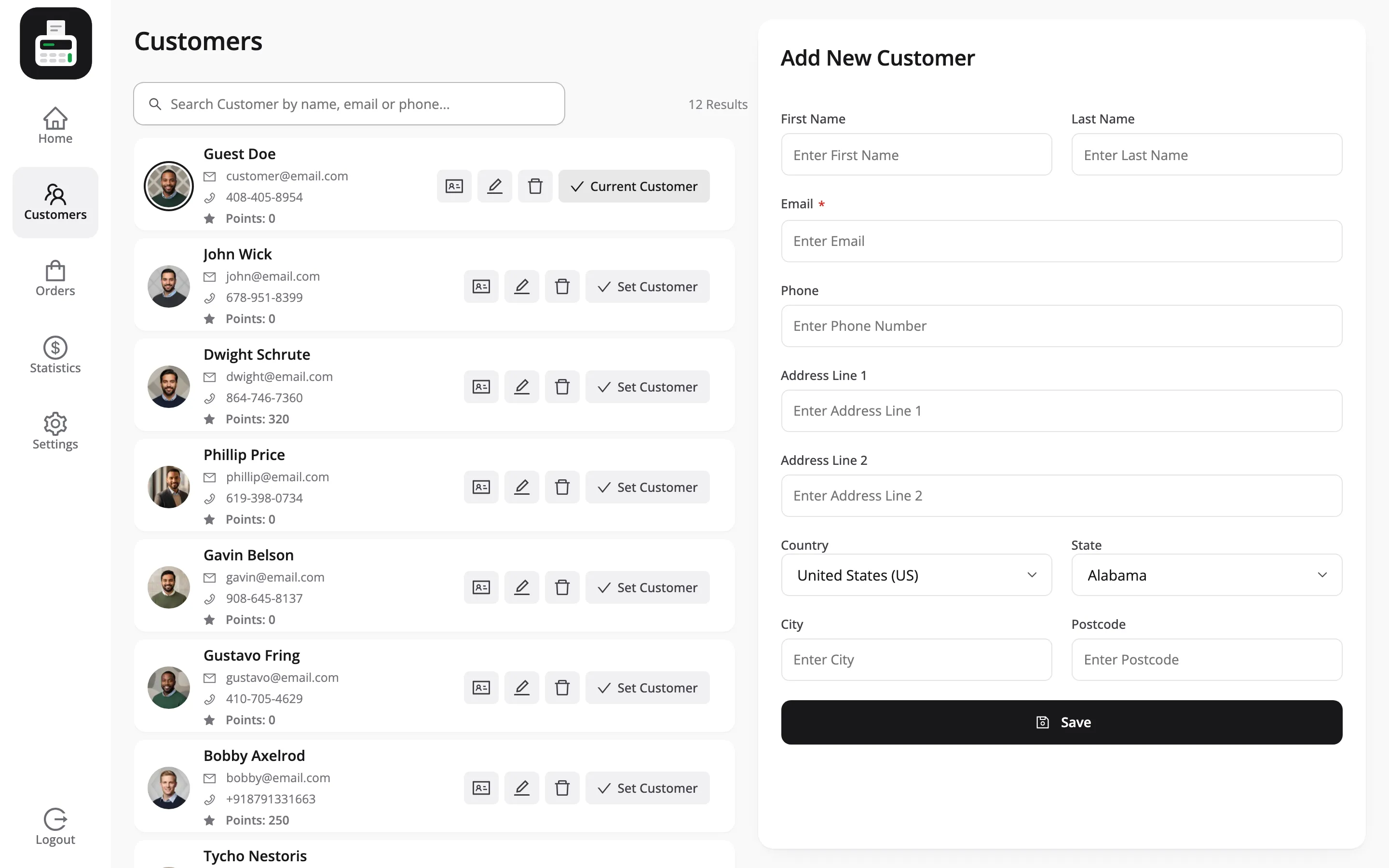 The POS customers screen with the customer list and the add customer form