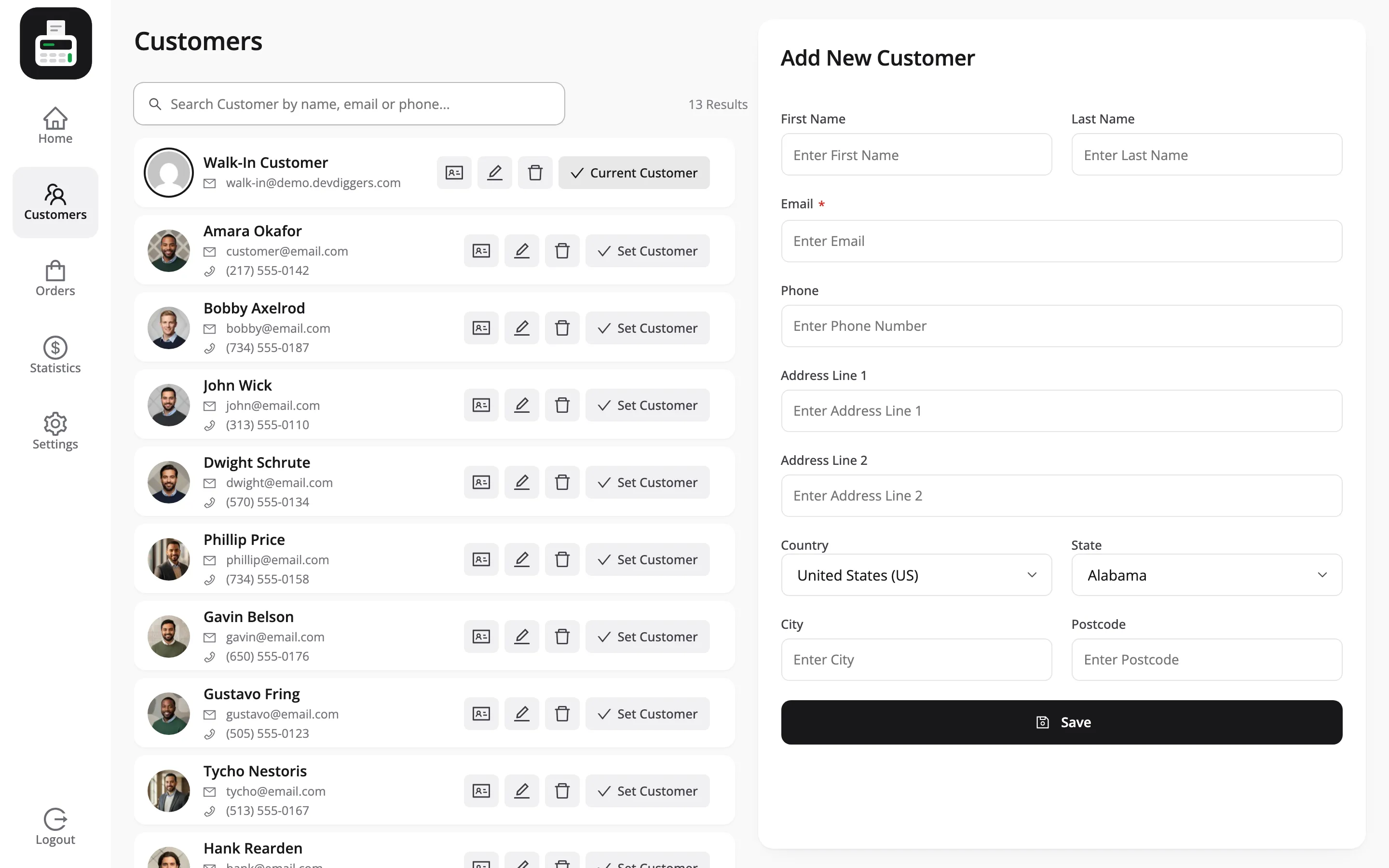 The POS customers screen with the customer list and the add customer form
