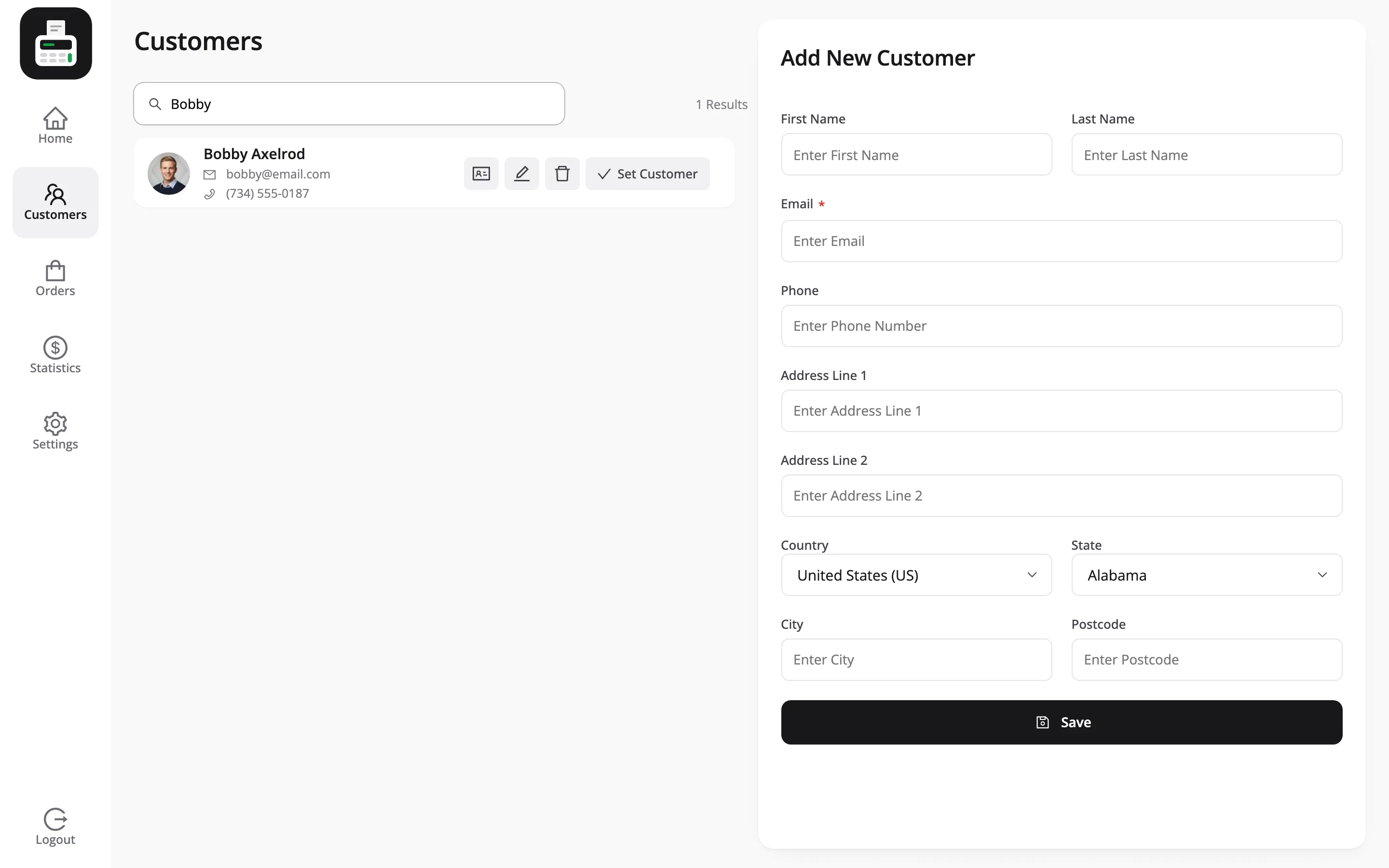 The POS Customers screen with Bobby Axelrod found by a search, showing his email and phone