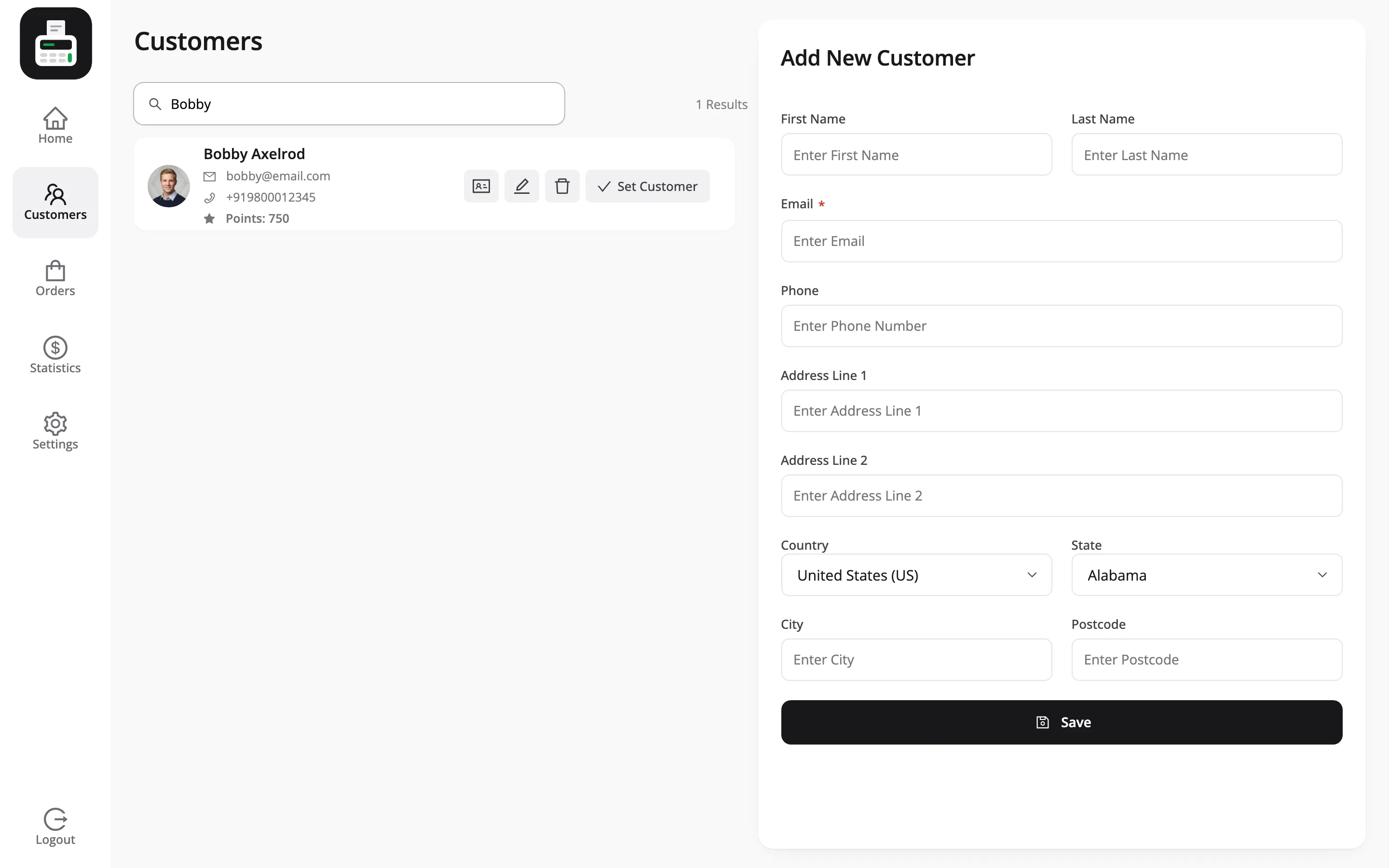The POS Customers screen with Bobby Axelrod found by a search, showing his email, phone and LoyaltyX points