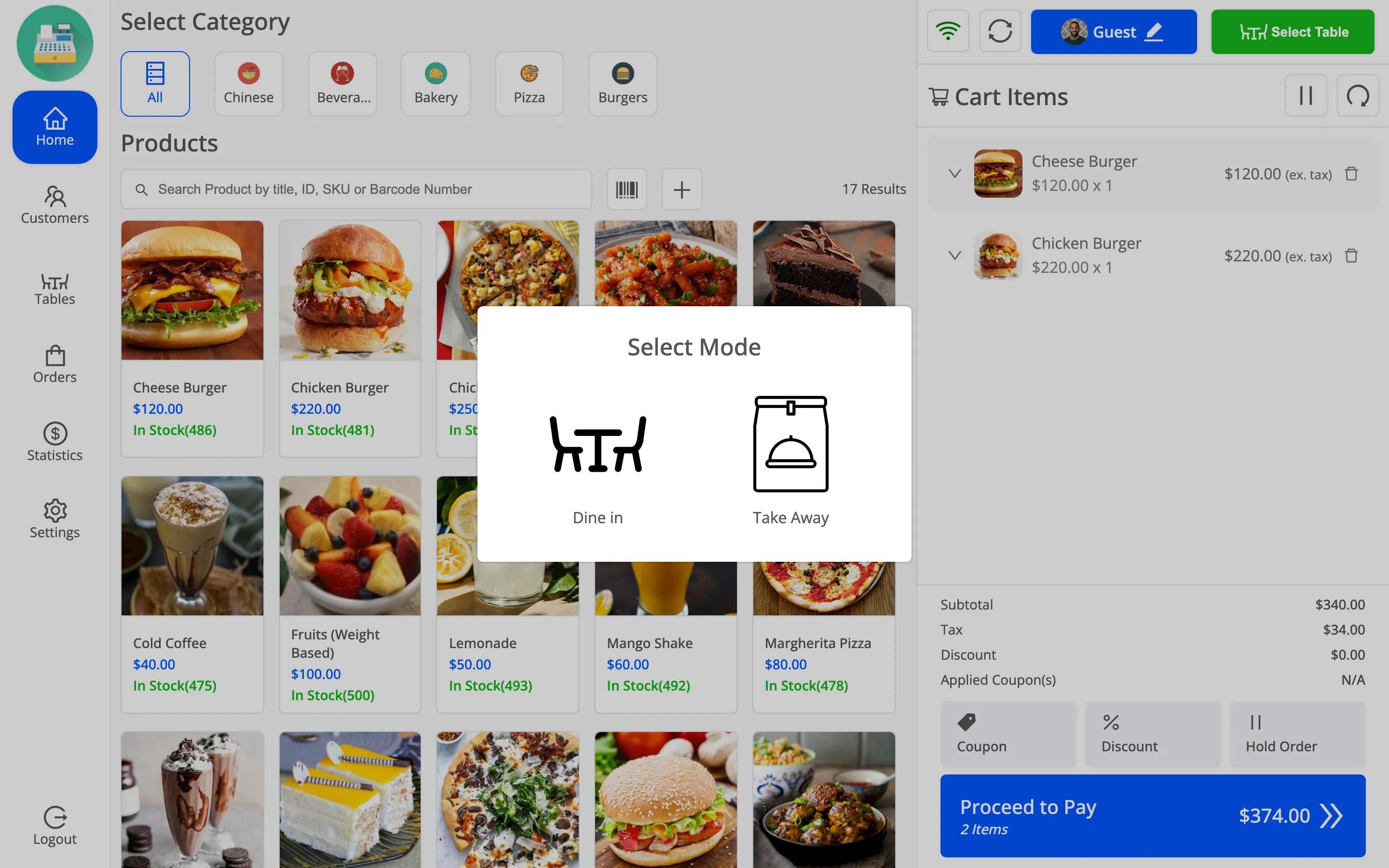 The Dine in and Take Away selector in the POS cart header