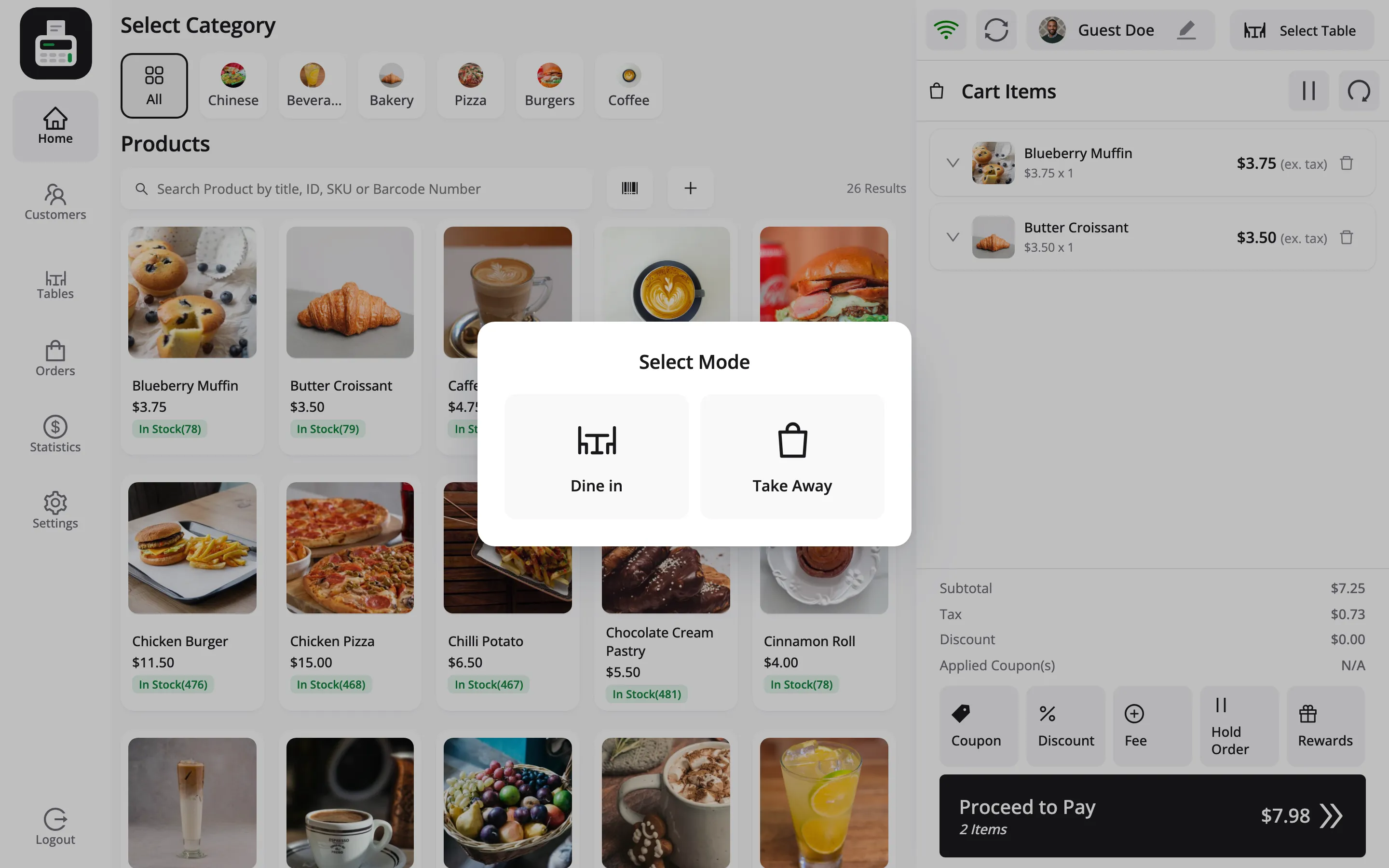 The Dine in and Take Away selector in the POS cart header