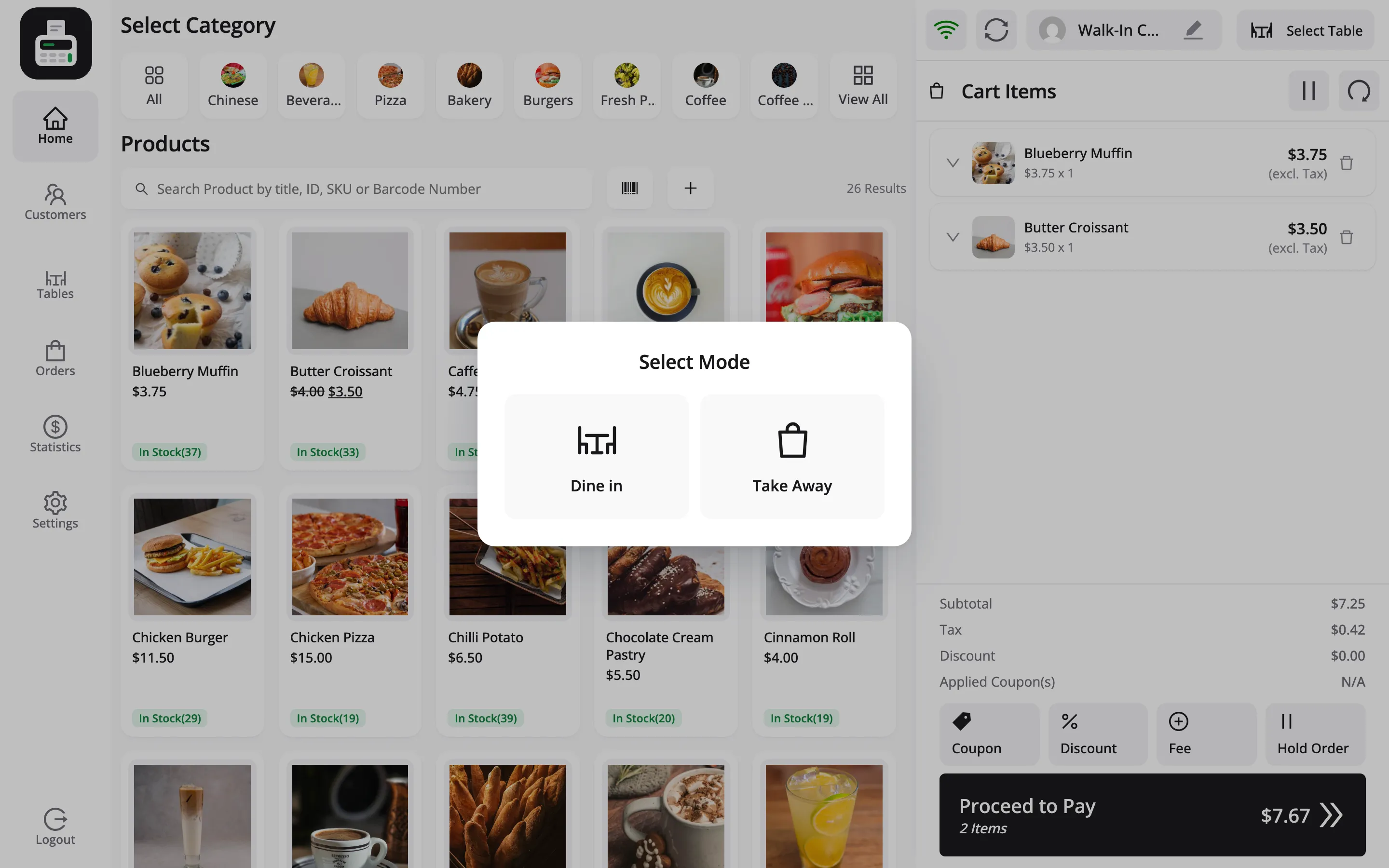 The Dine in and Take Away selector in the POS cart header