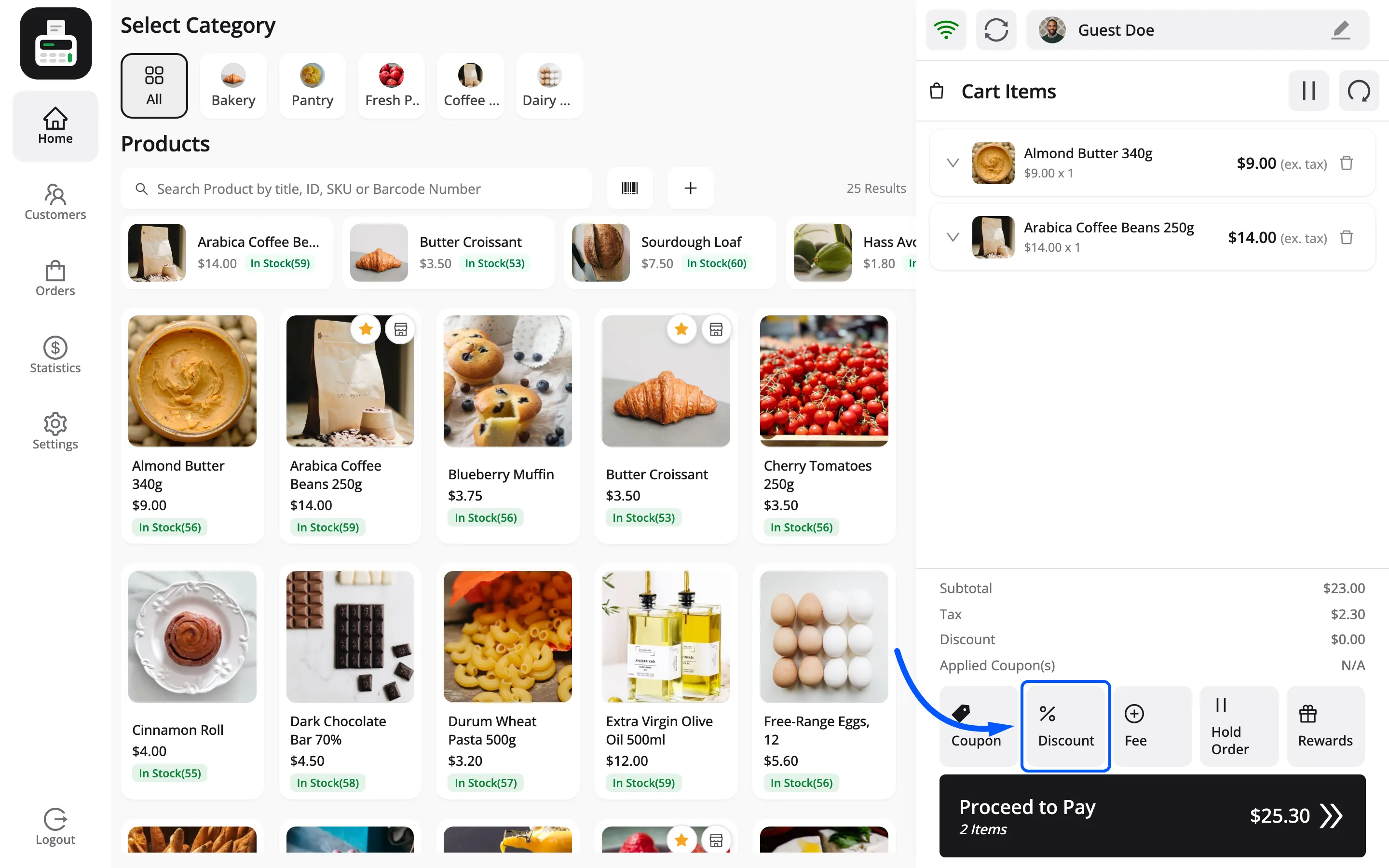 The Discount button in the POS cart actions