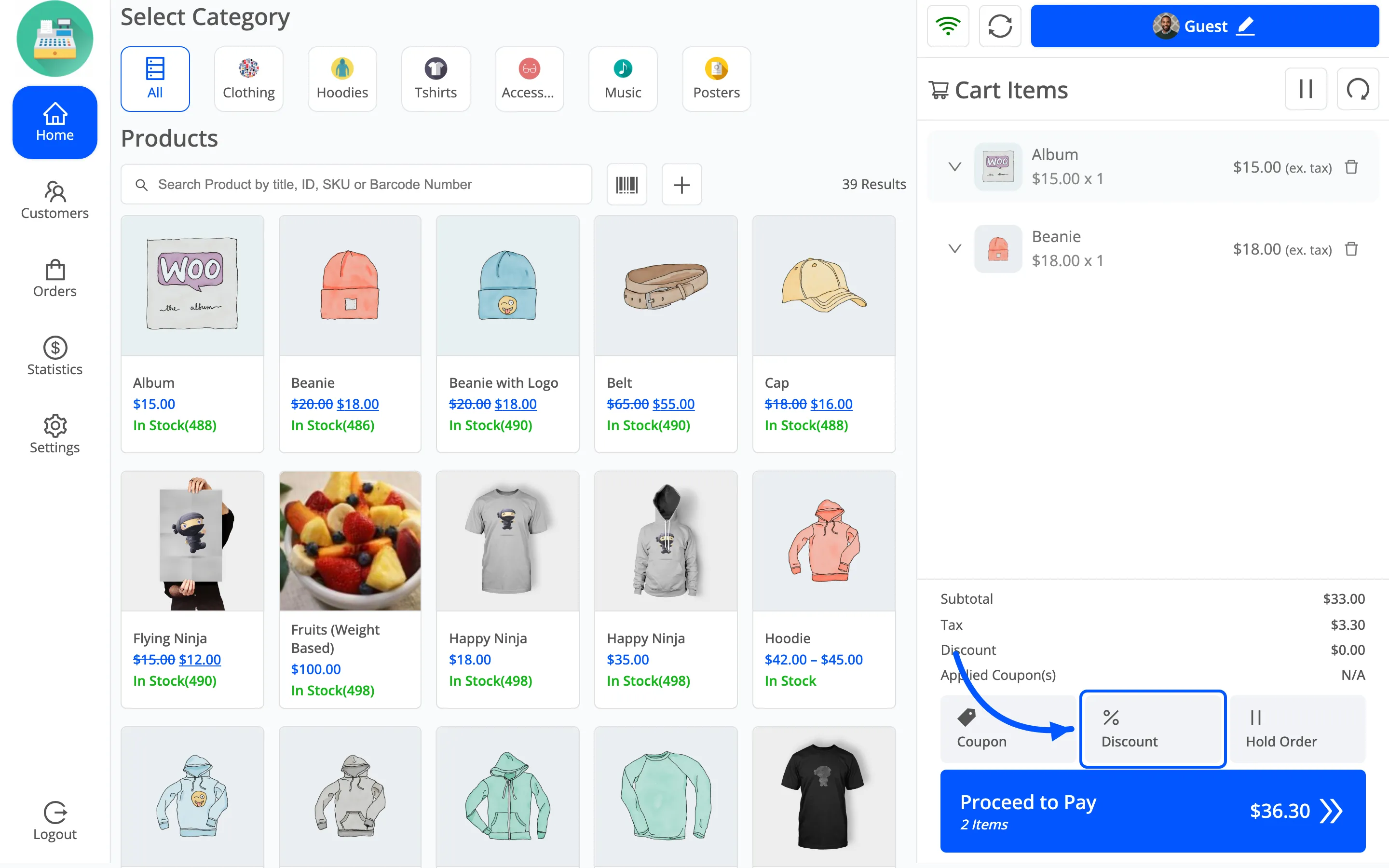 The Discount button in the POS cart actions