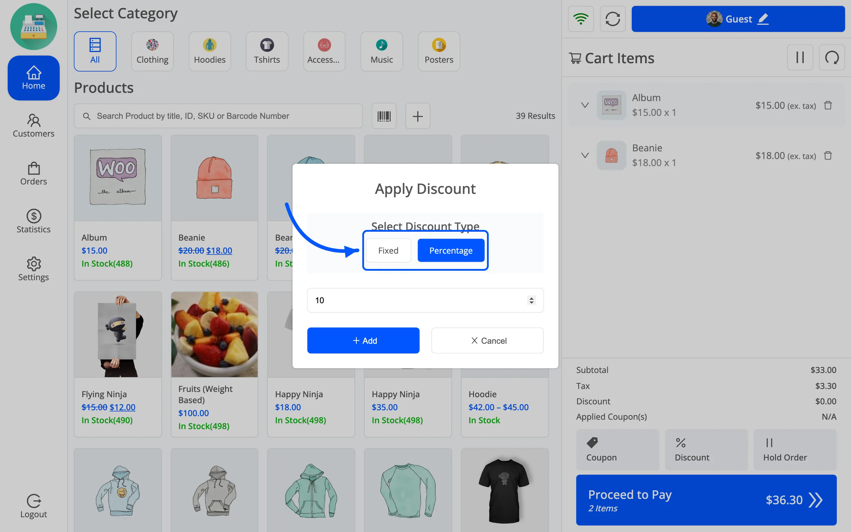 The Apply Discount popup with Percentage chosen instead of Fixed