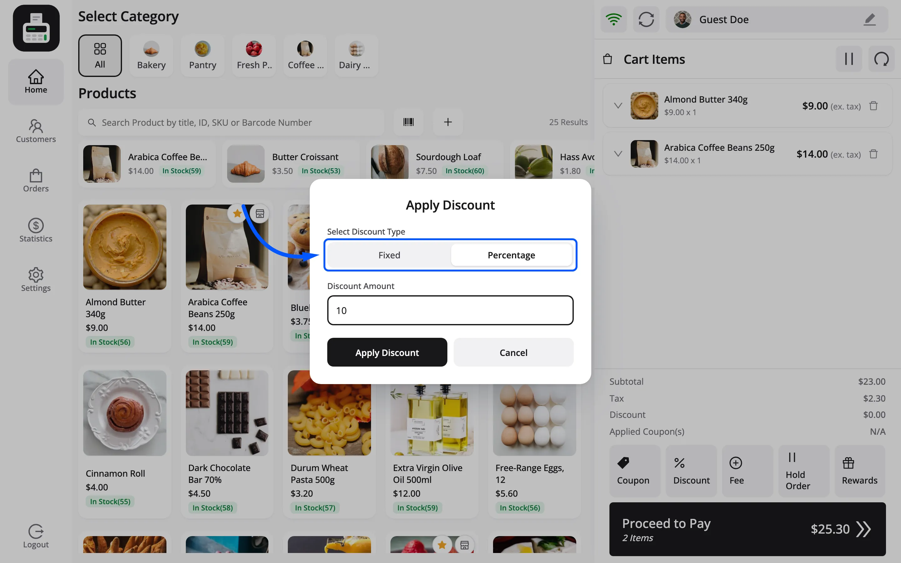The Apply Discount popup with Percentage chosen instead of Fixed