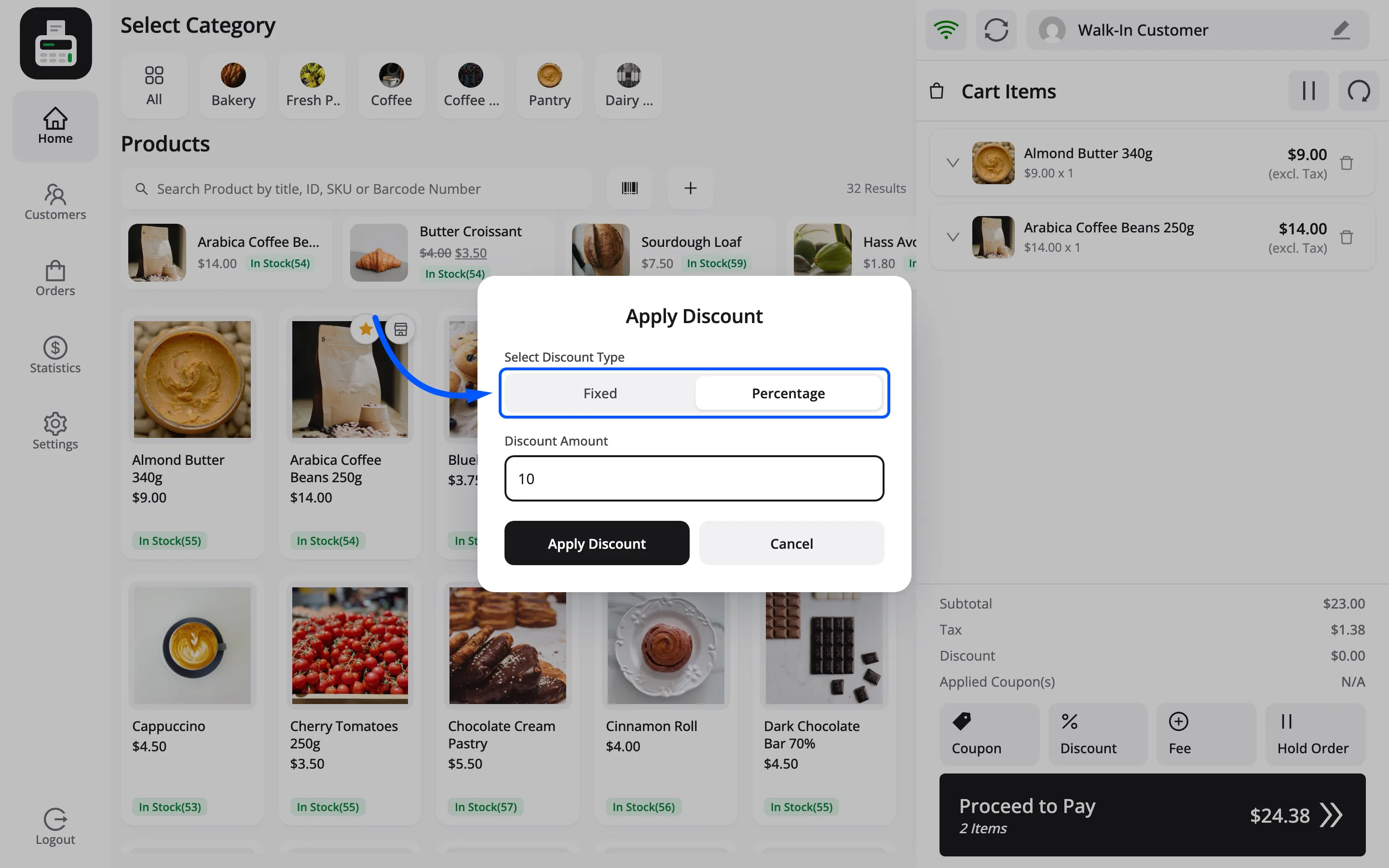 The Apply Discount popup with Percentage chosen instead of Fixed