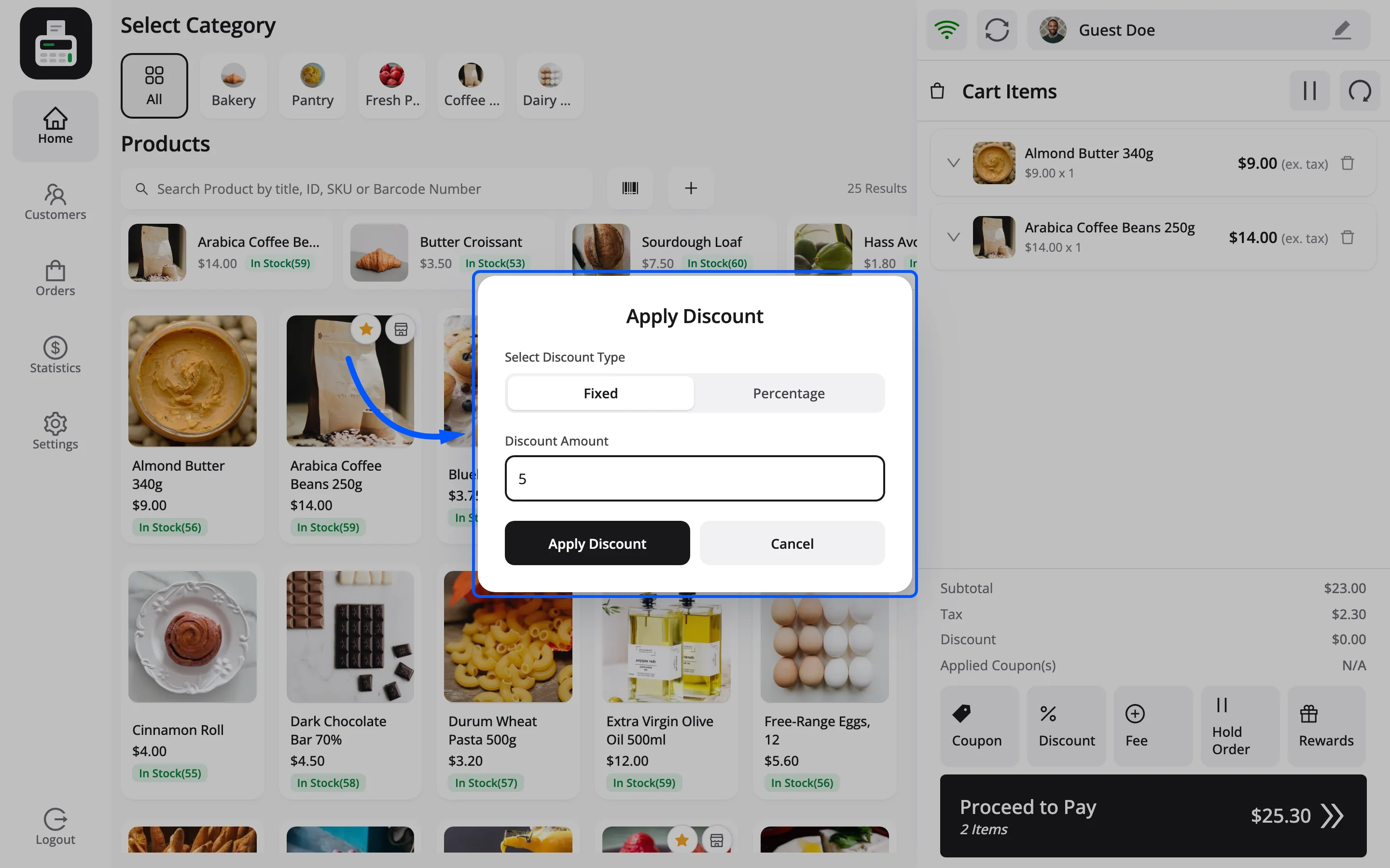 The Apply Discount popup with Fixed chosen and 5 typed into Discount Amount
