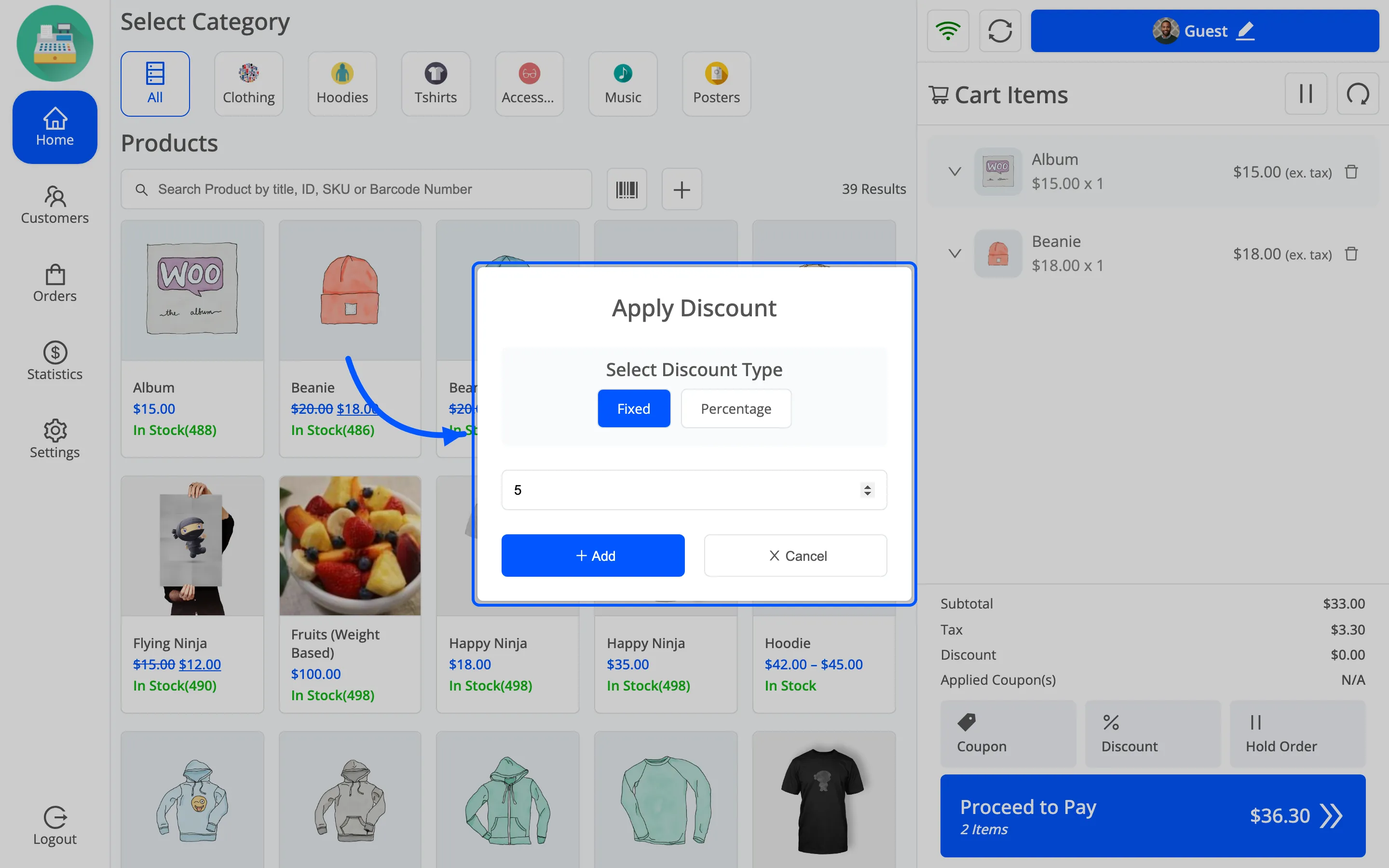 The Enter Discount Amount box filled in with the Add button live
