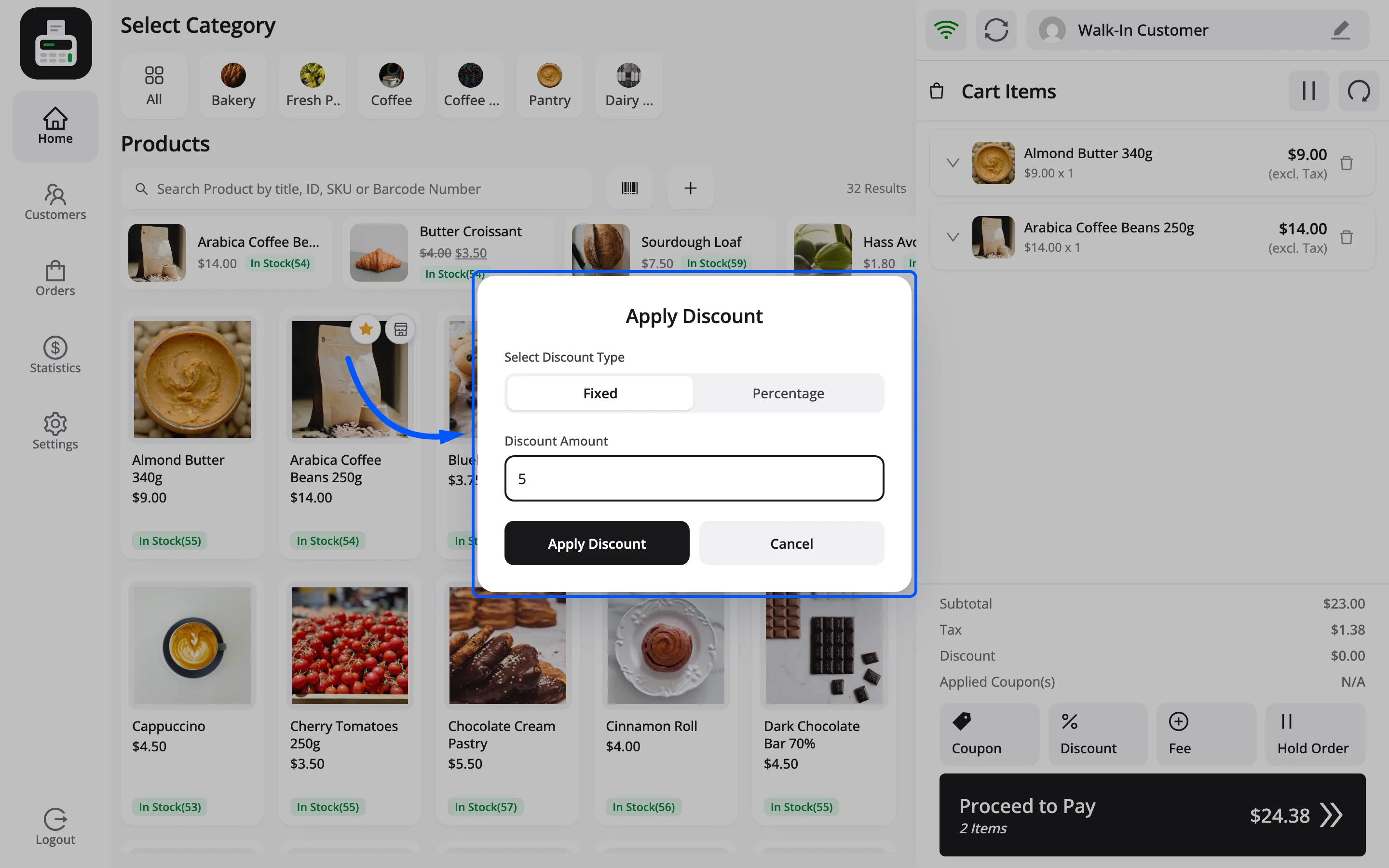 The Apply Discount popup with Fixed chosen and 5 typed into Discount Amount