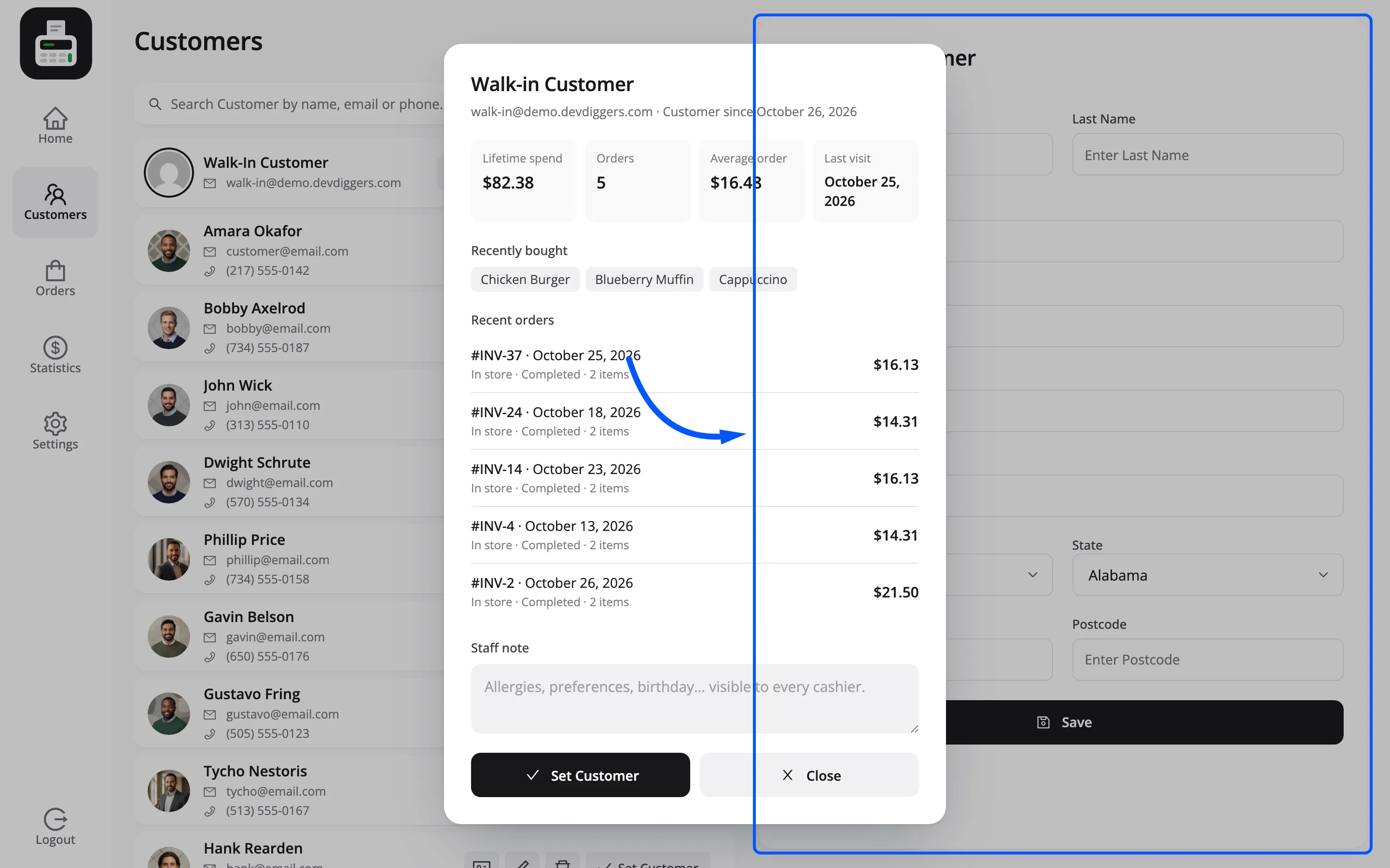 The Edit Customer panel in the POS, pre-filled from a customer row