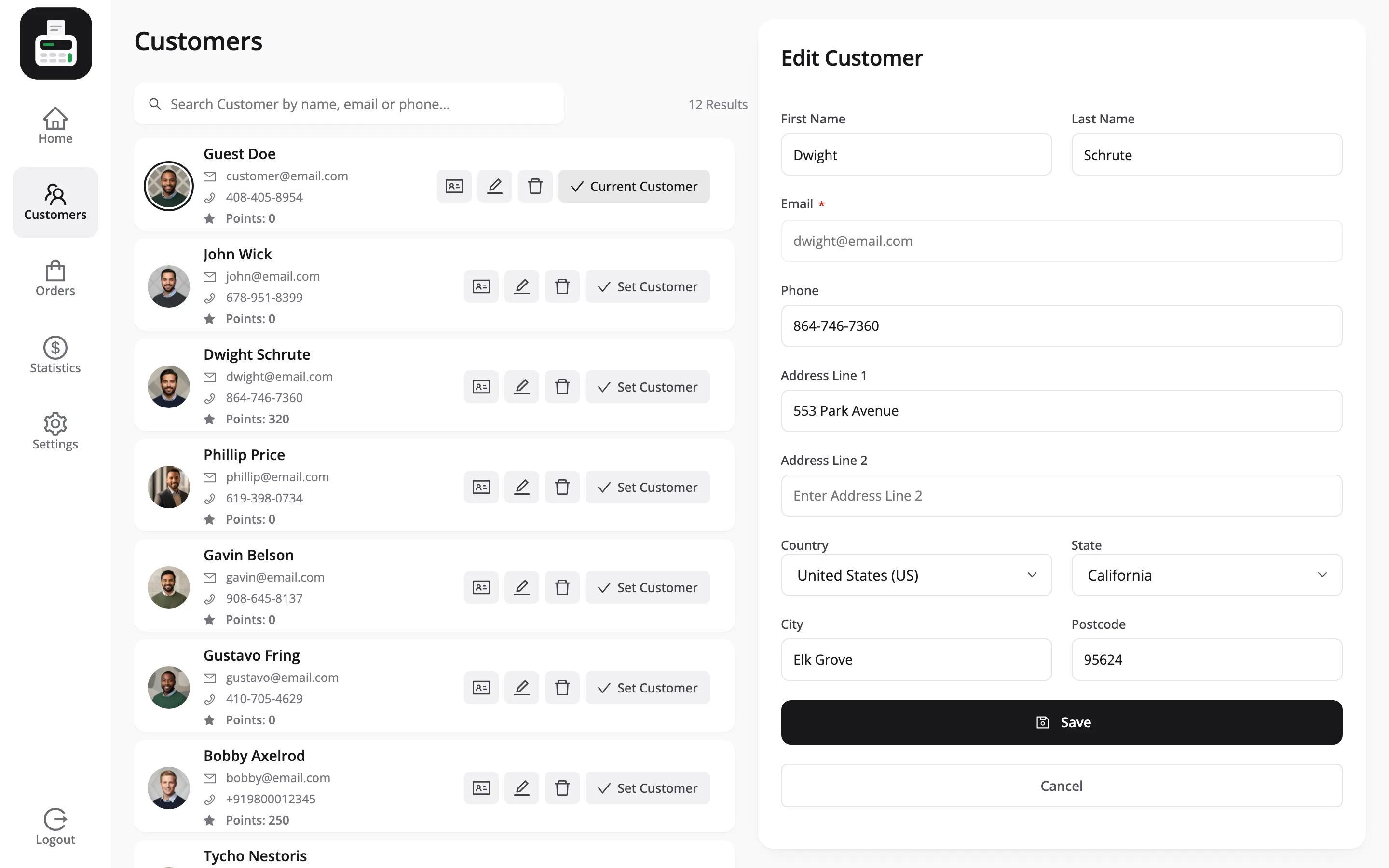 The Edit Customer panel in the POS, pre-filled from a customer row