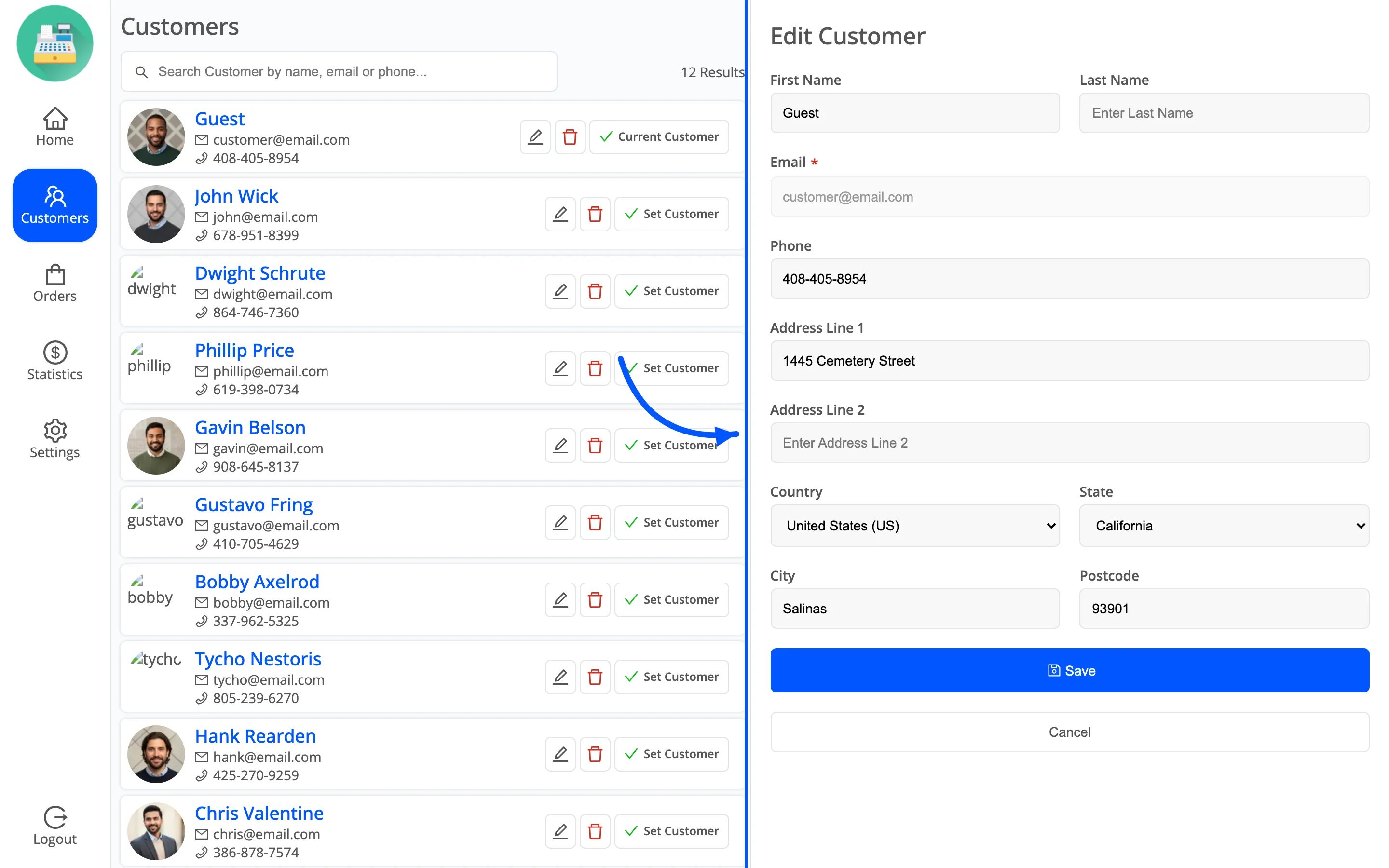 The Edit Customer panel in the POS, pre-filled from a customer row