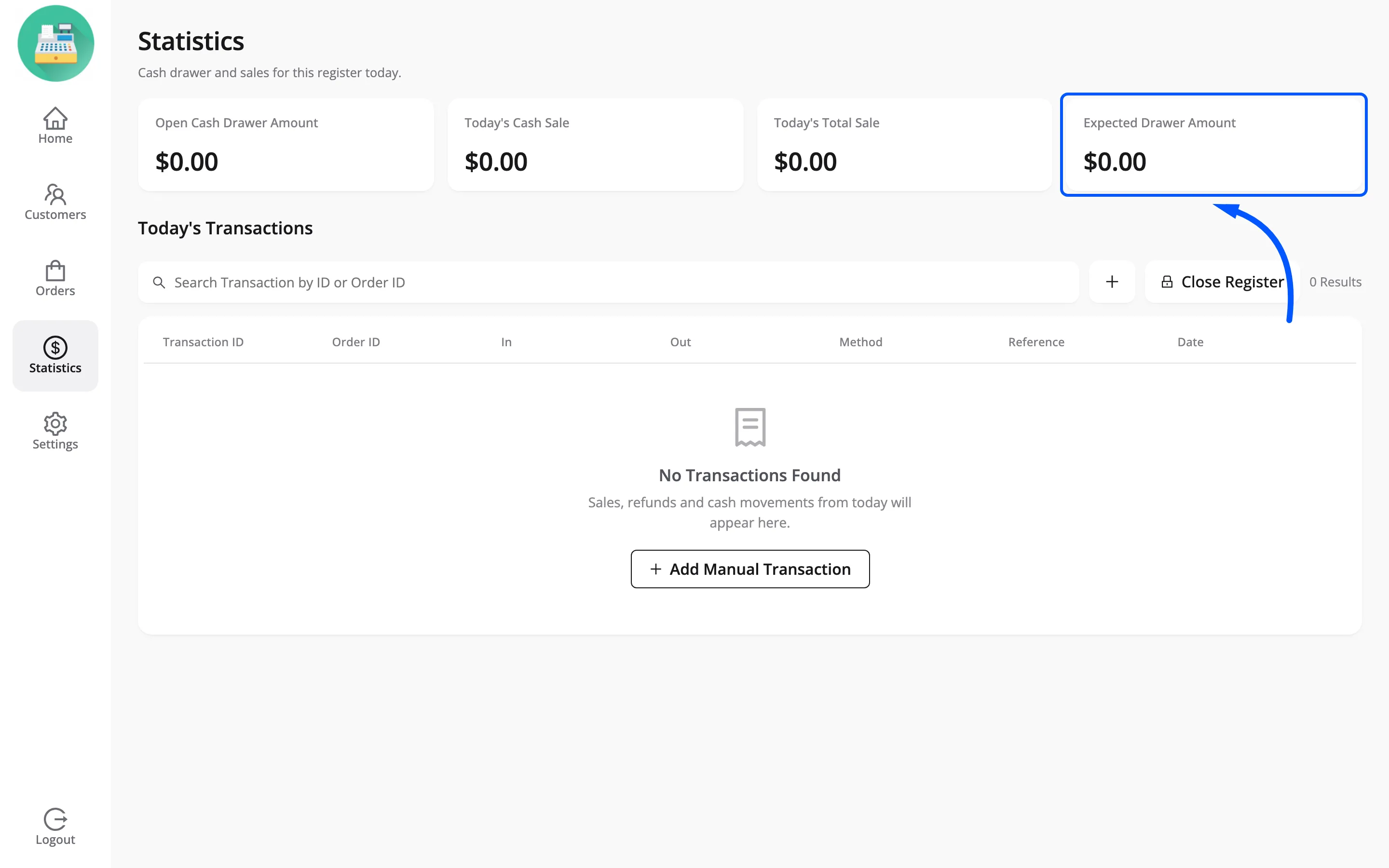 The Expected Drawer Amount card on the POS statistics screen