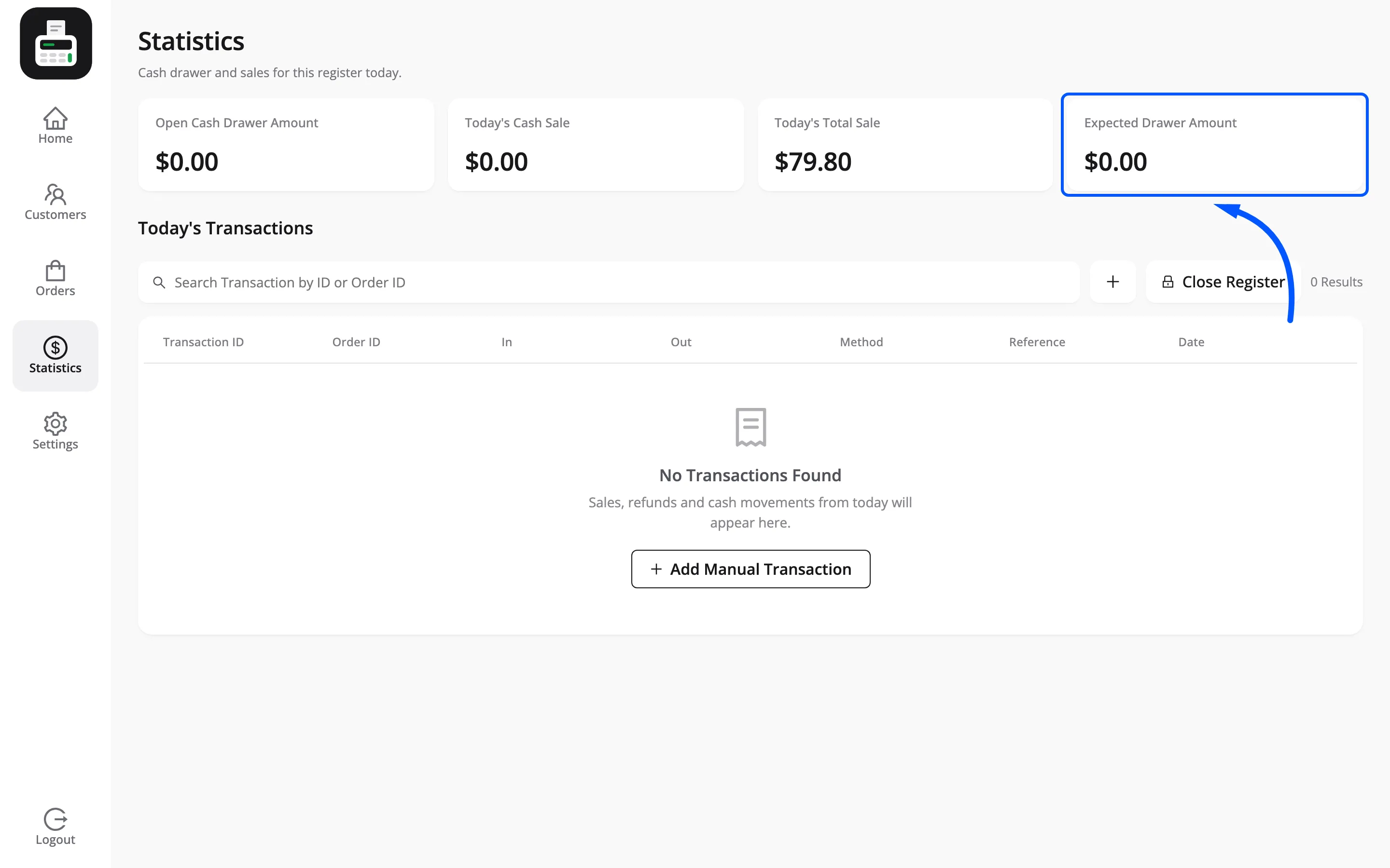 The Expected Drawer Amount card on the POS statistics screen
