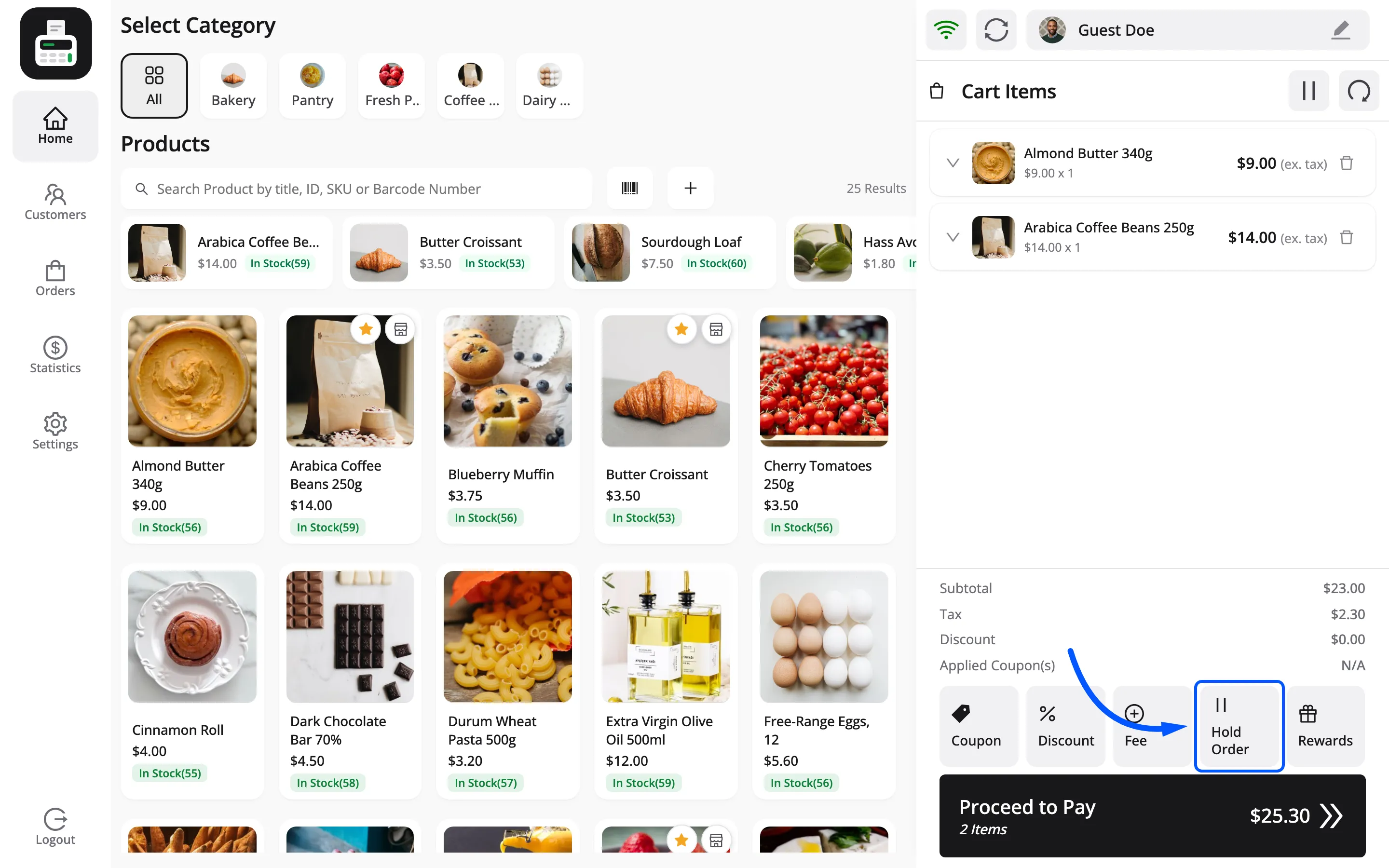 The Hold Order button in the POS cart actions