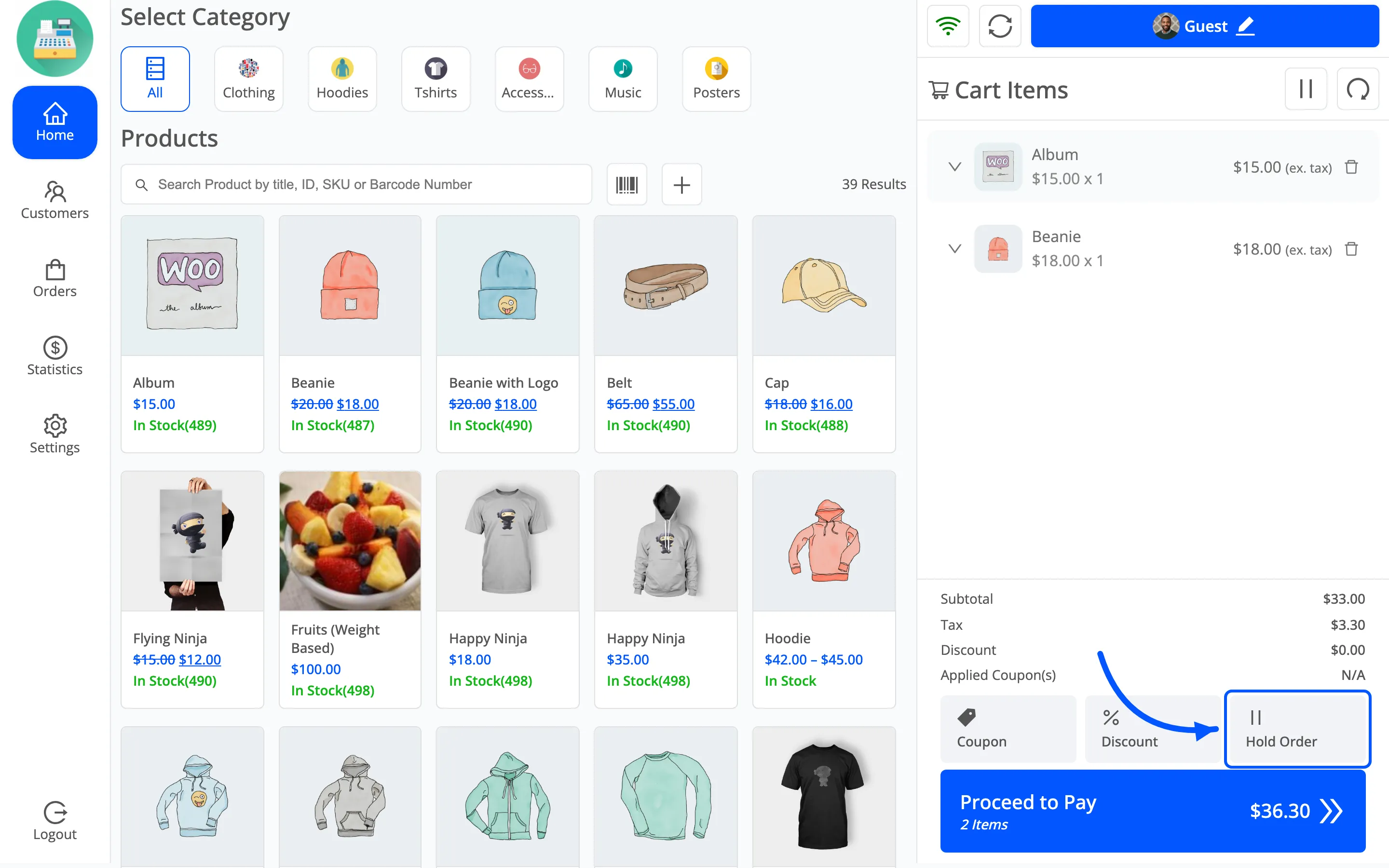 The Hold Order button in the POS cart actions