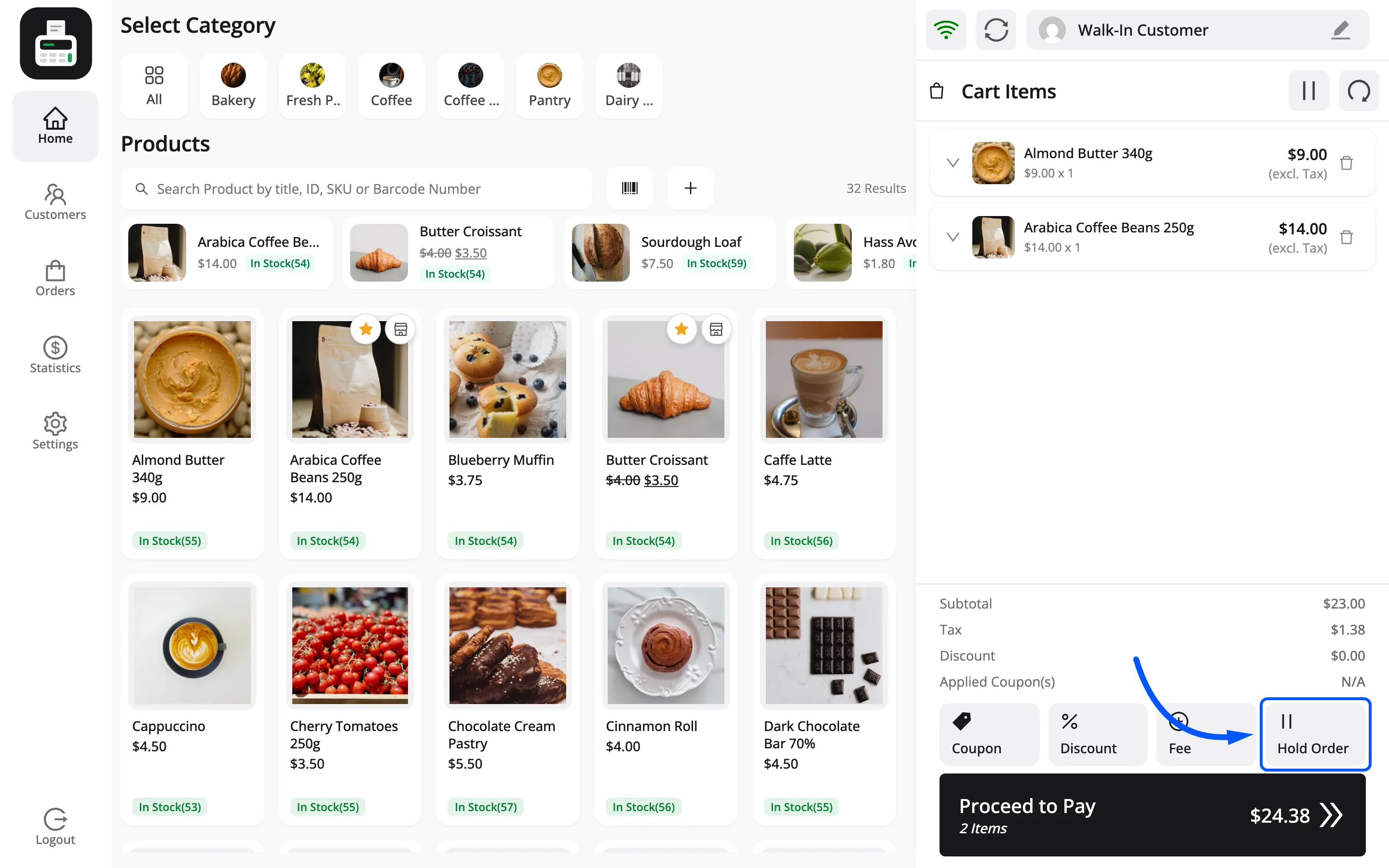 The Hold Order button in the POS cart actions