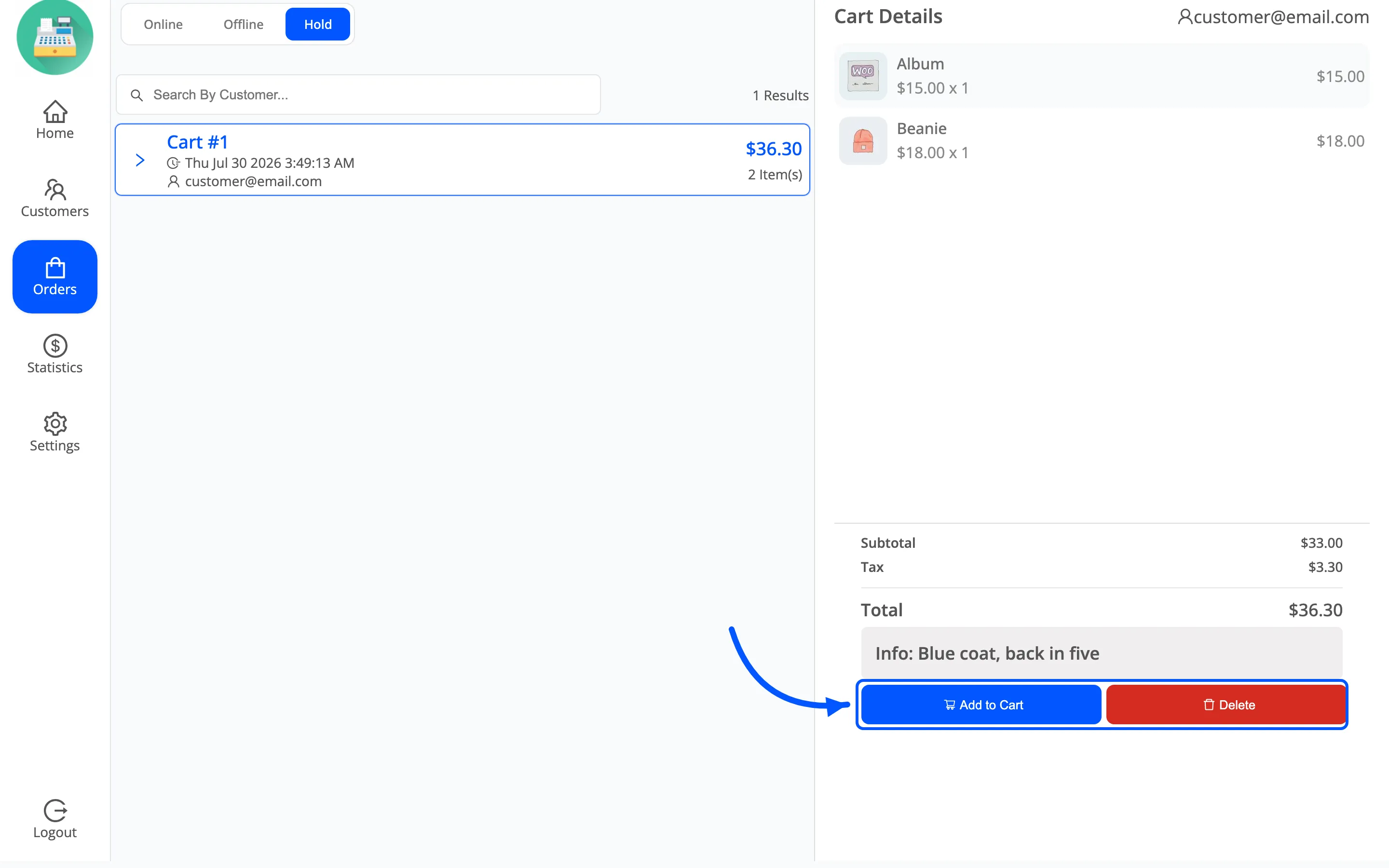 The Add to Cart and Delete buttons on a held cart’s detail panel