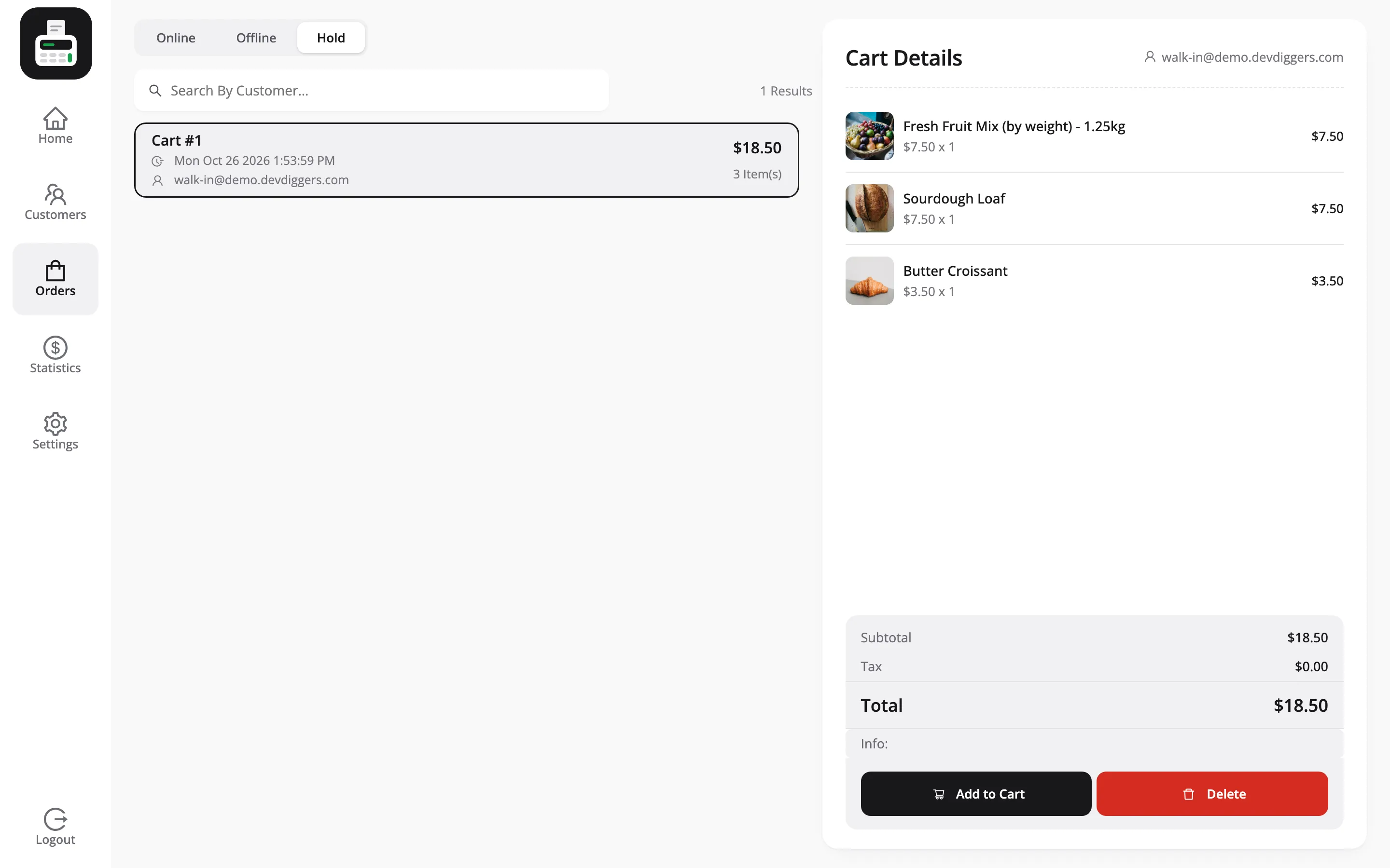 The Add to Cart and Delete buttons on a held cart’s detail panel