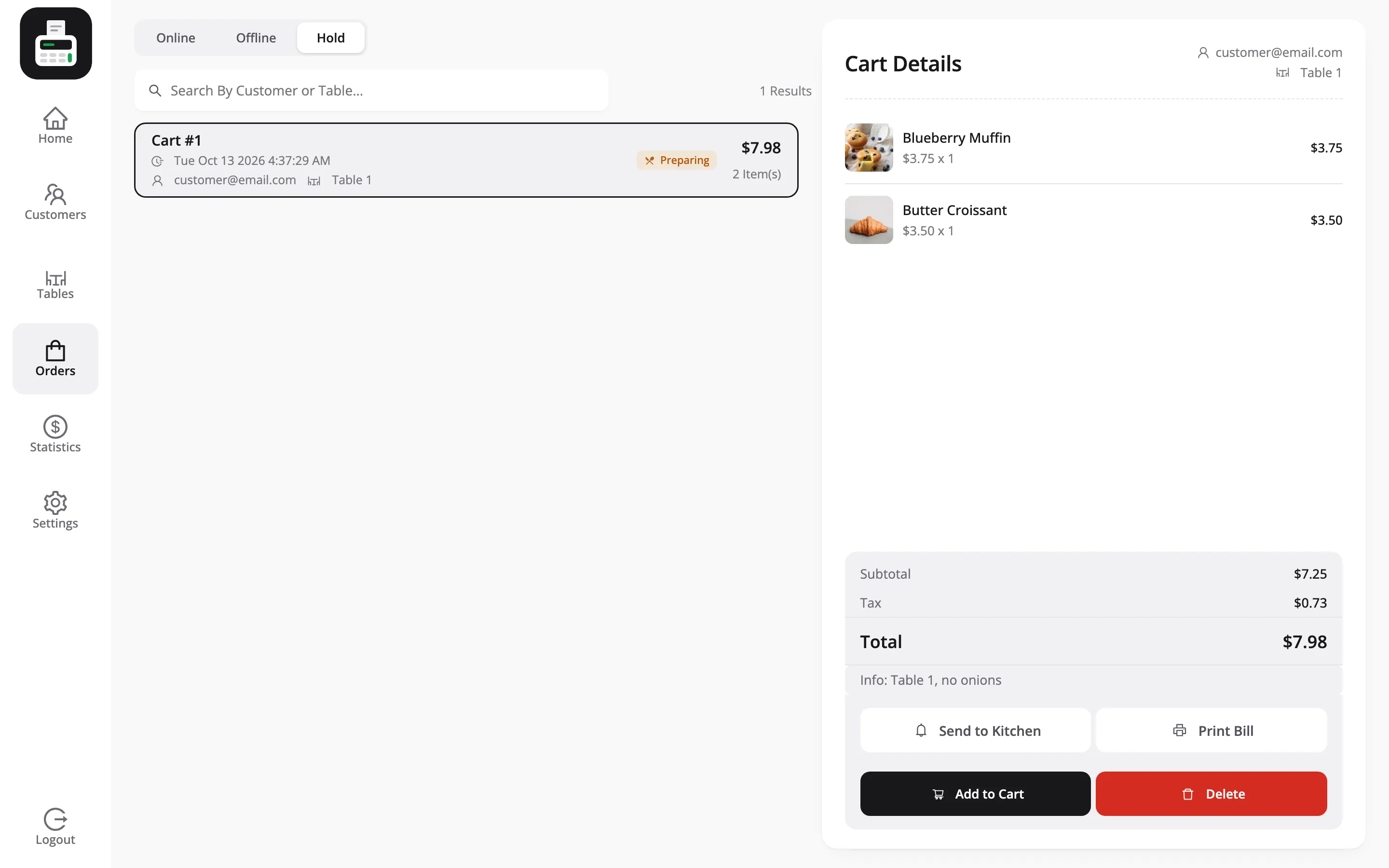 The list of held orders in restaurant mode