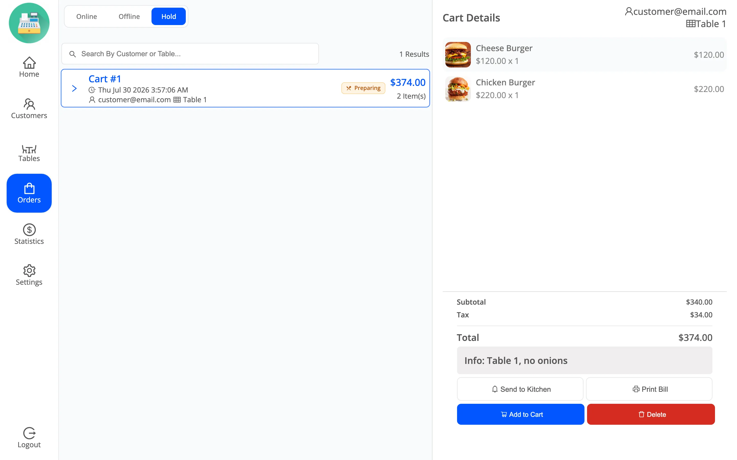 The list of held orders in restaurant mode