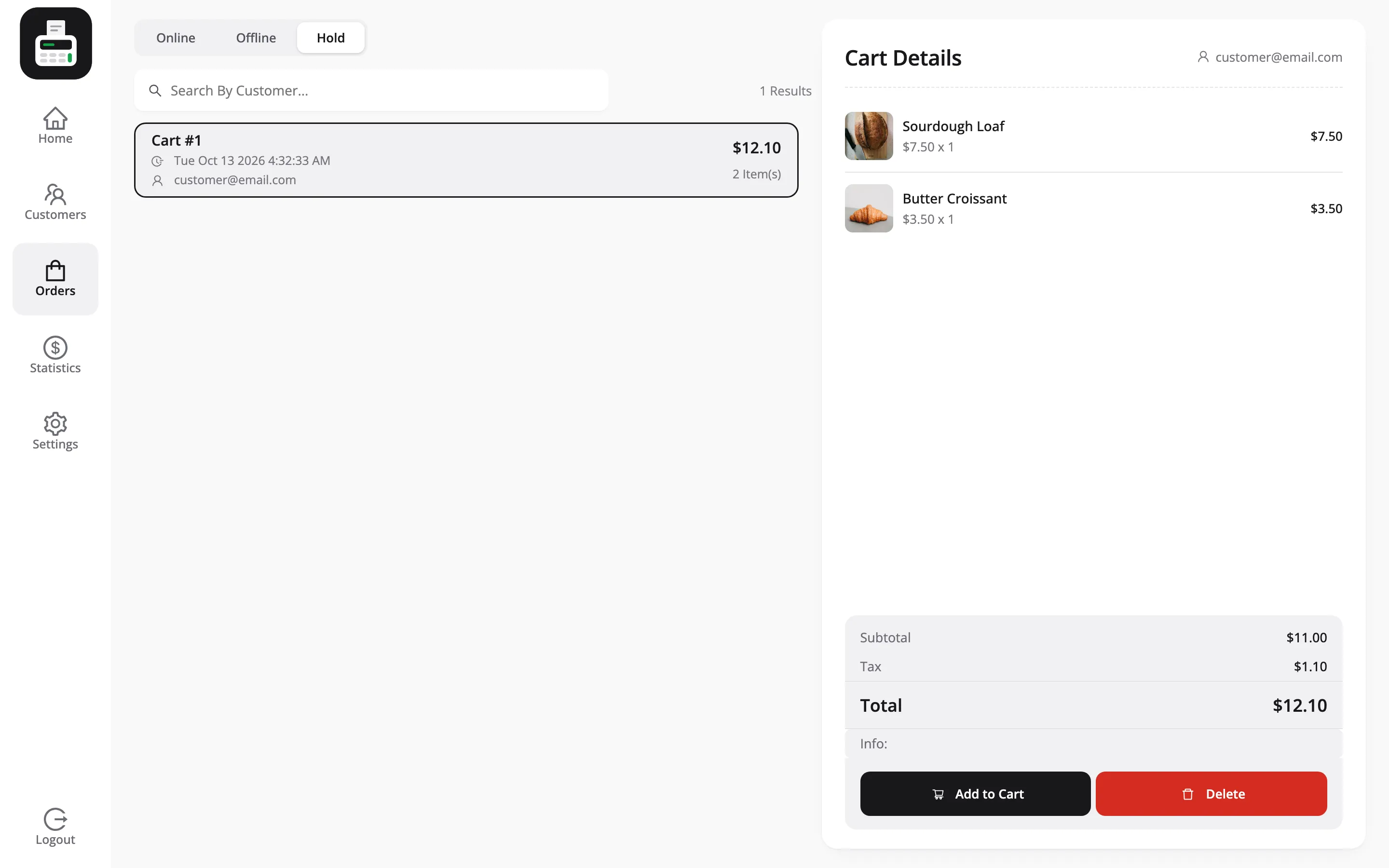 The Hold tab of the POS orders screen