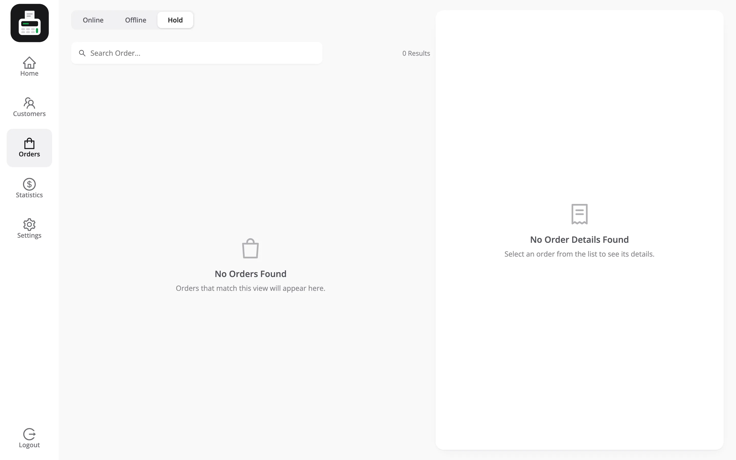 The Hold tab of the POS orders screen