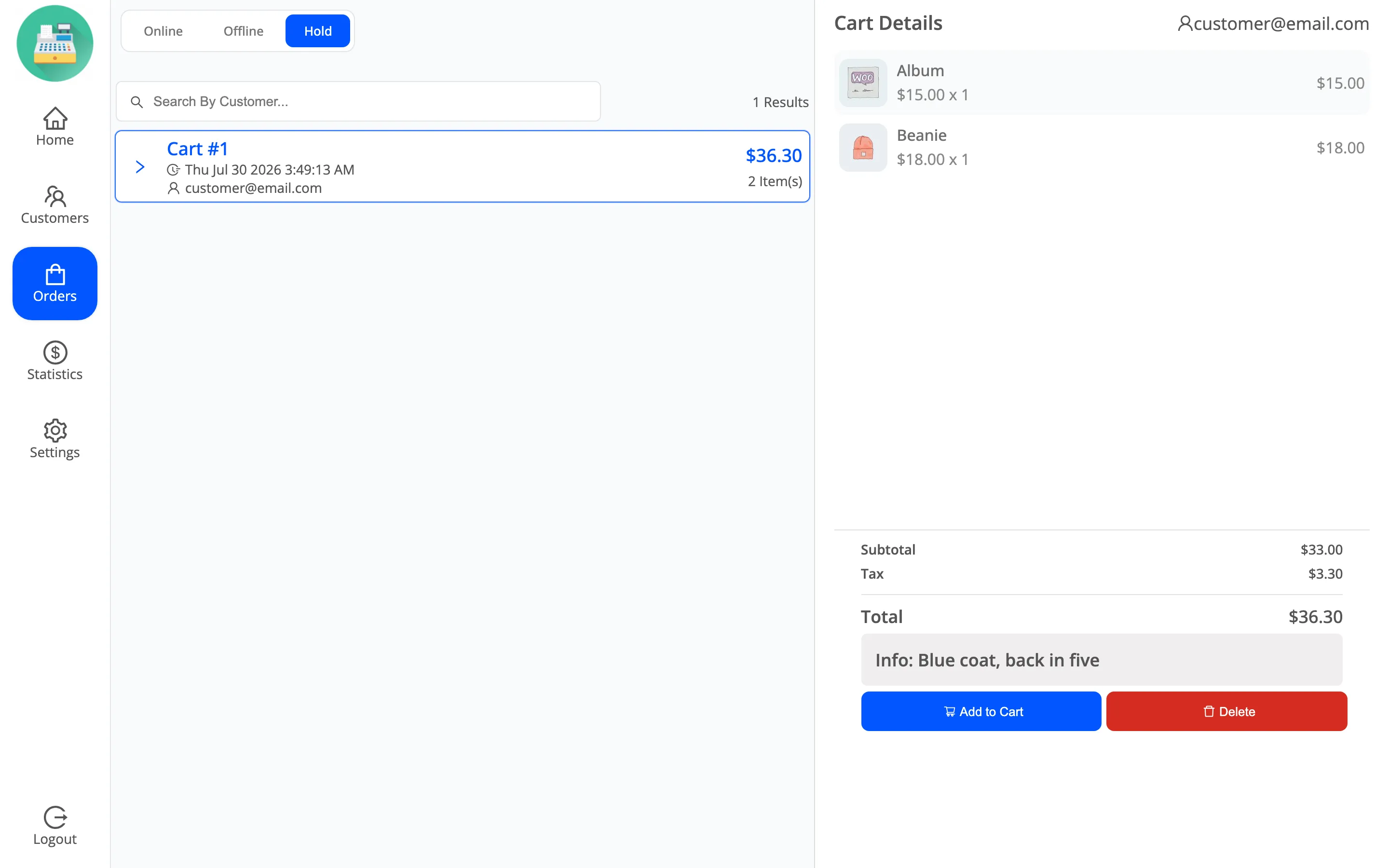 The Hold tab of the POS orders screen