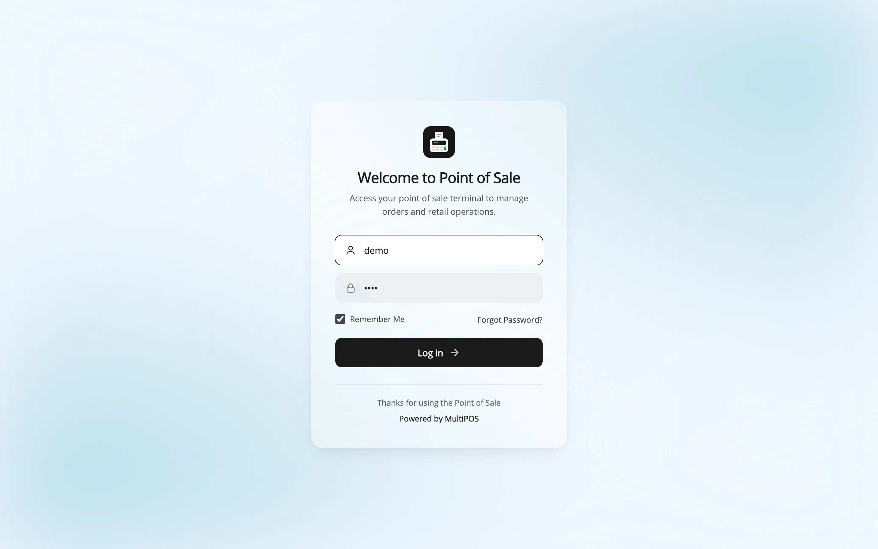 The MultiPOS login screen with its heading, subtitle and log in button