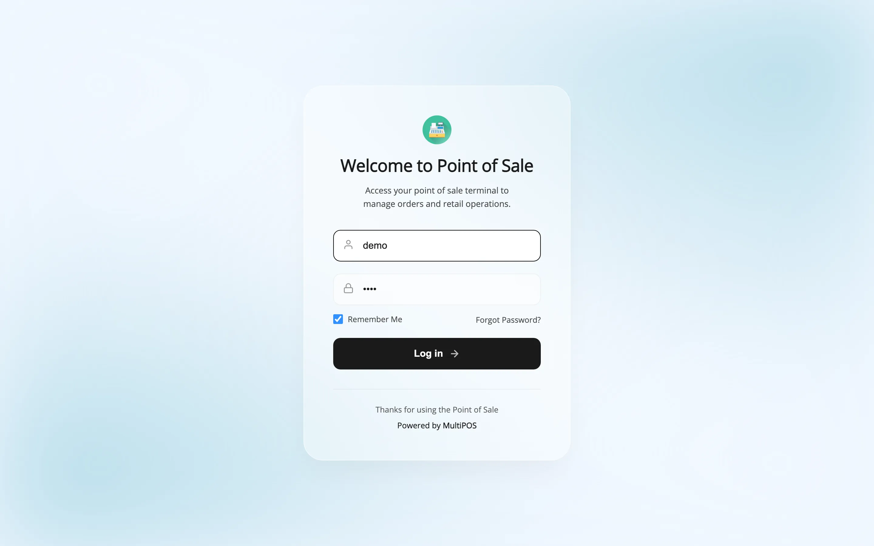 The MultiPOS login screen with its heading, subtitle and log in button