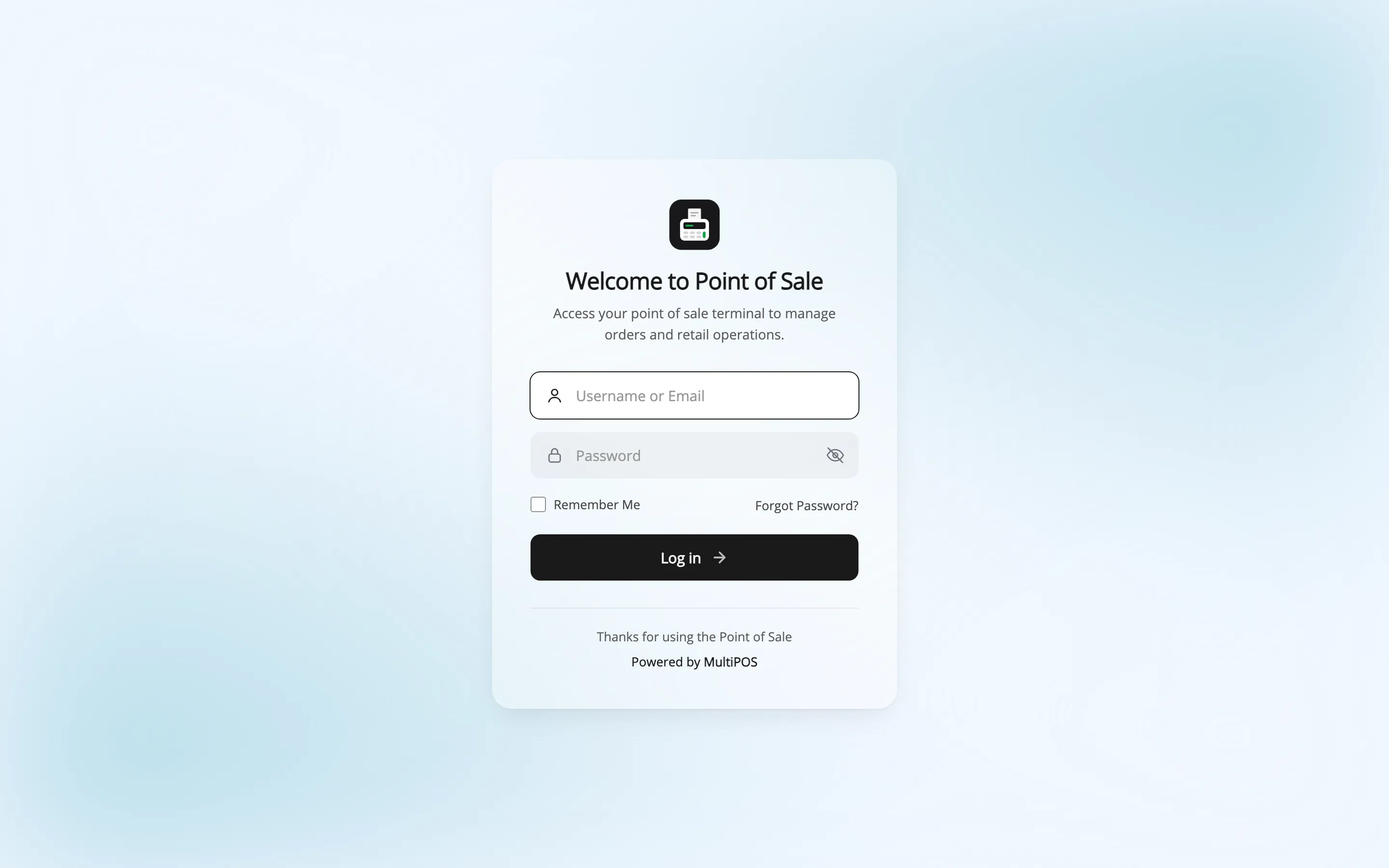 The MultiPOS login screen with its heading, subtitle and log in button