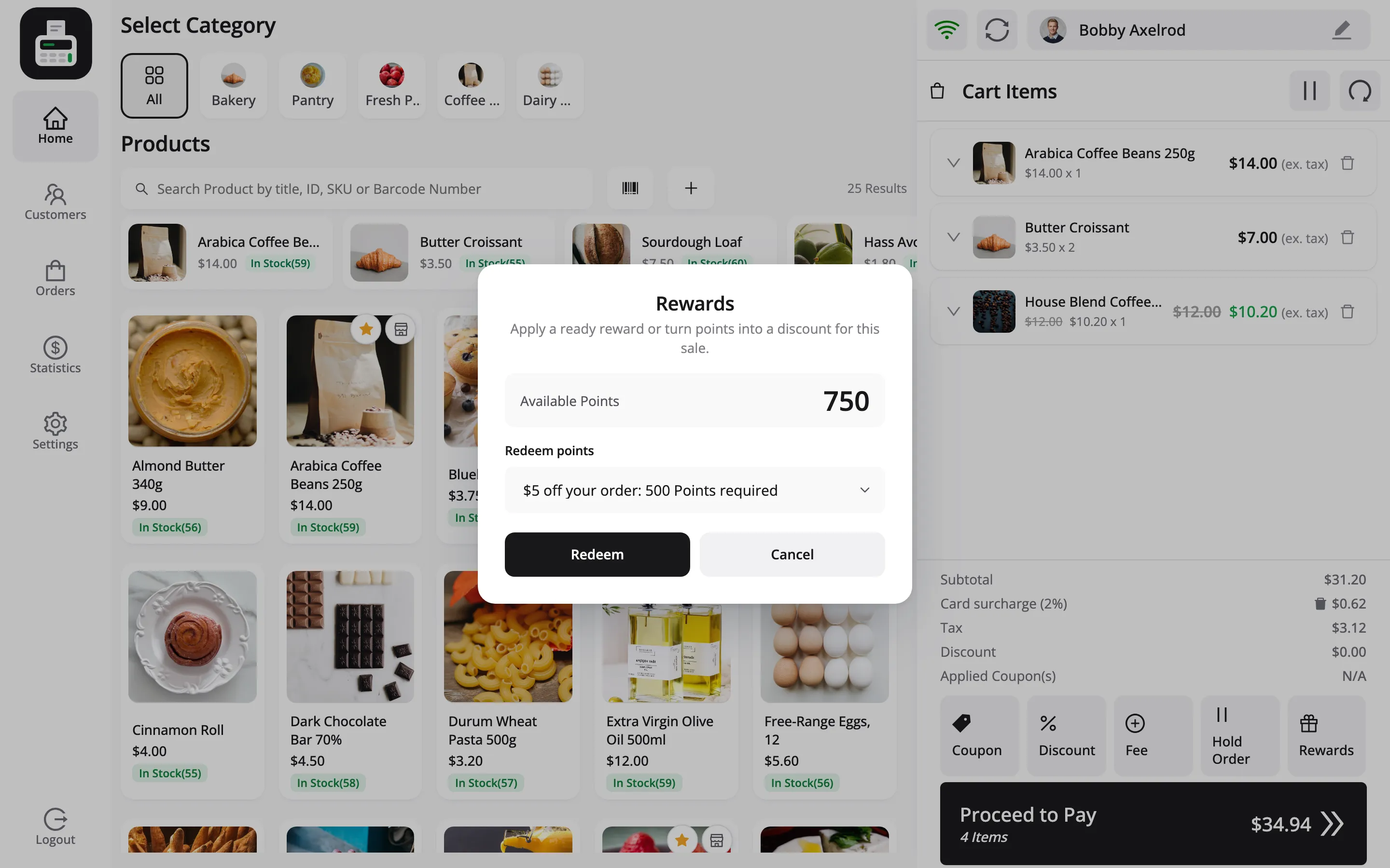 The Rewards popup with the rule $5 off your order chosen and 500 points required