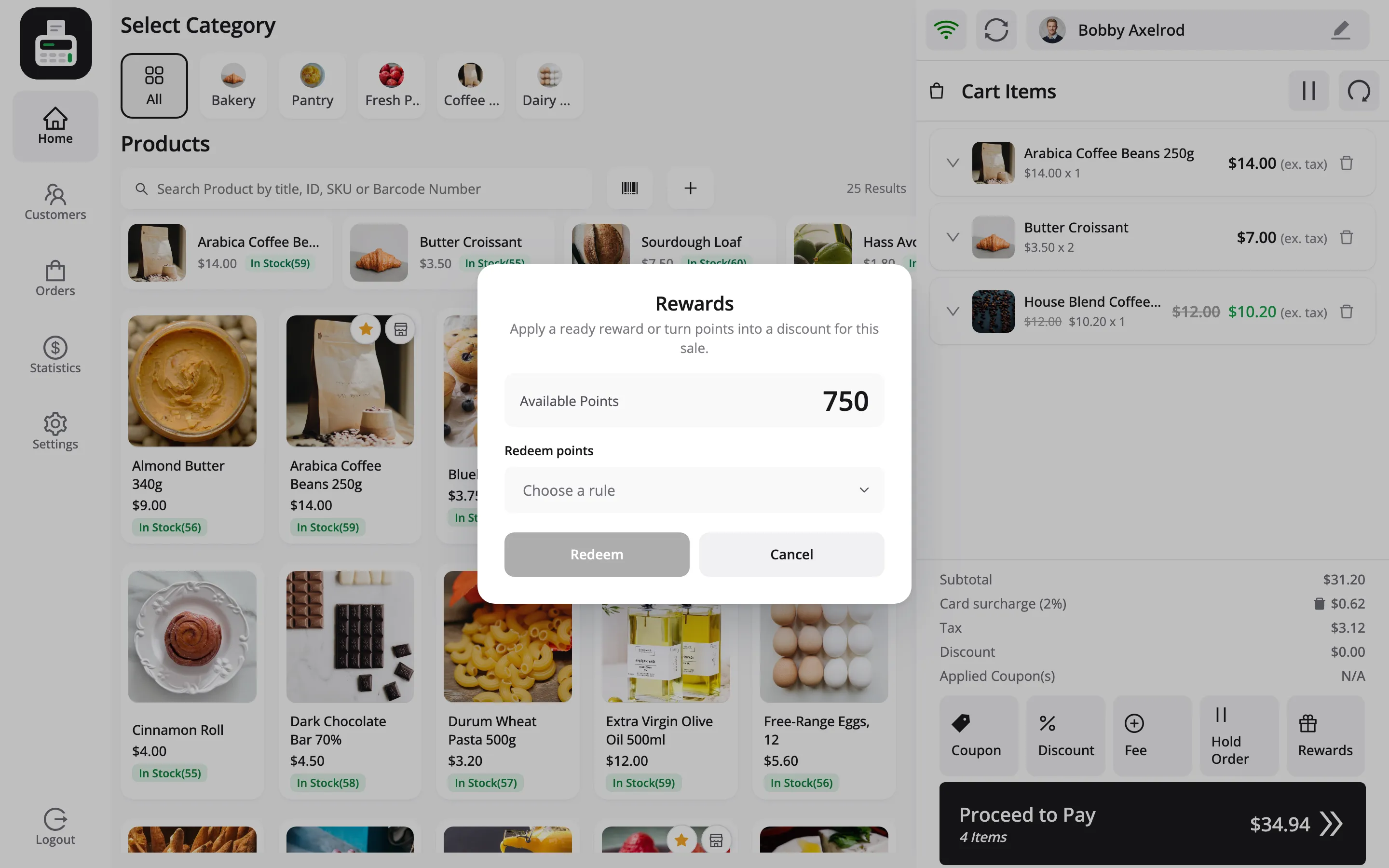 The Rewards popup with 750 available points, the Redeem points list and the Redeem button
