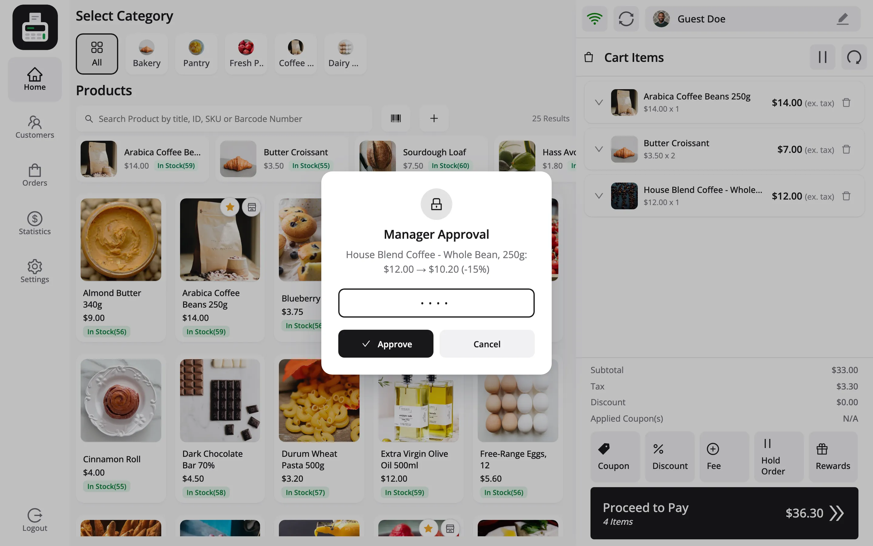 The Manager Approval popup over the cart, with the reason House Blend Coffee $12.00 to $10.20 (-15%) and a PIN typed in