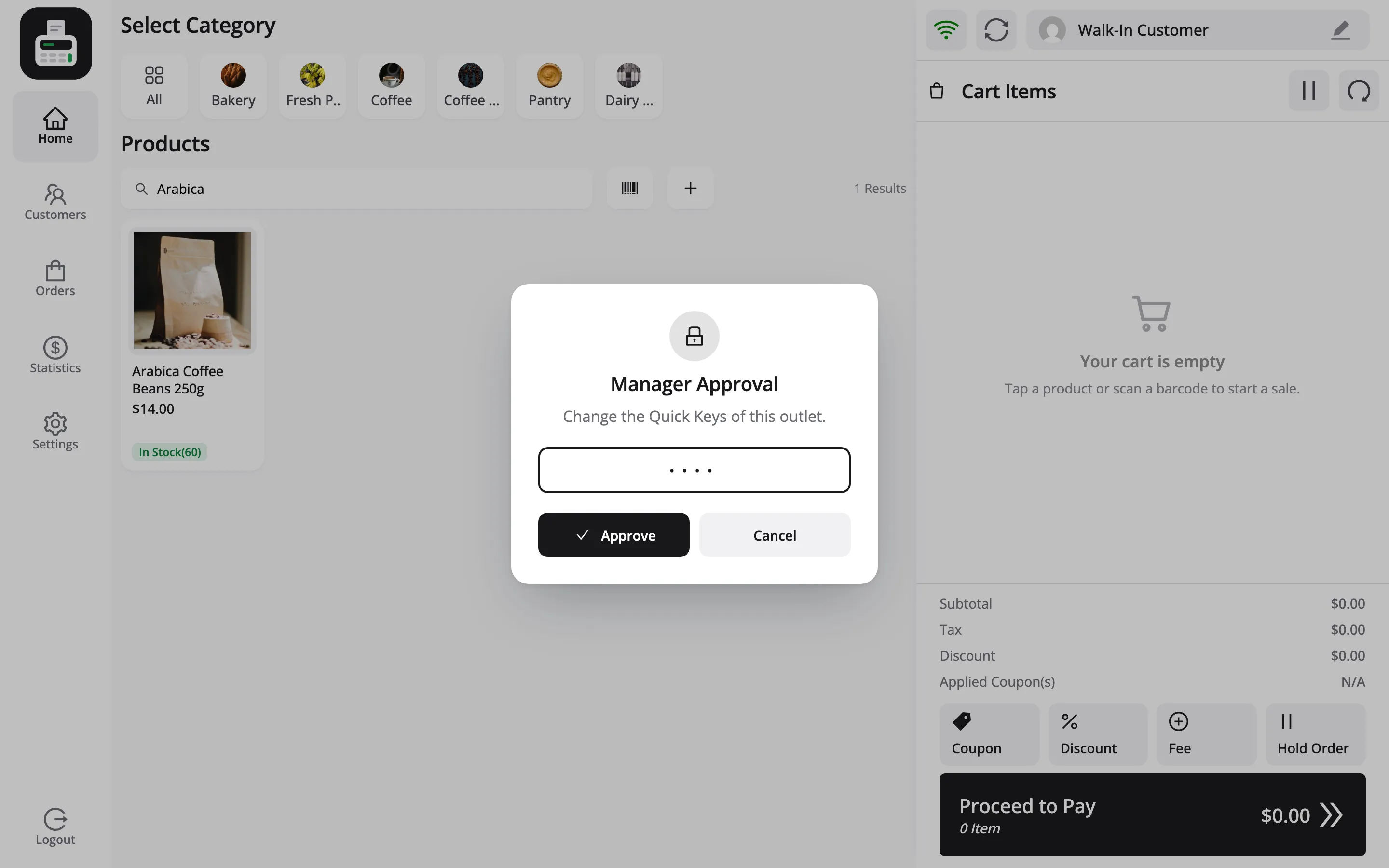 The Manager Approval popup on the POS asking for a PIN to change the Quick Keys