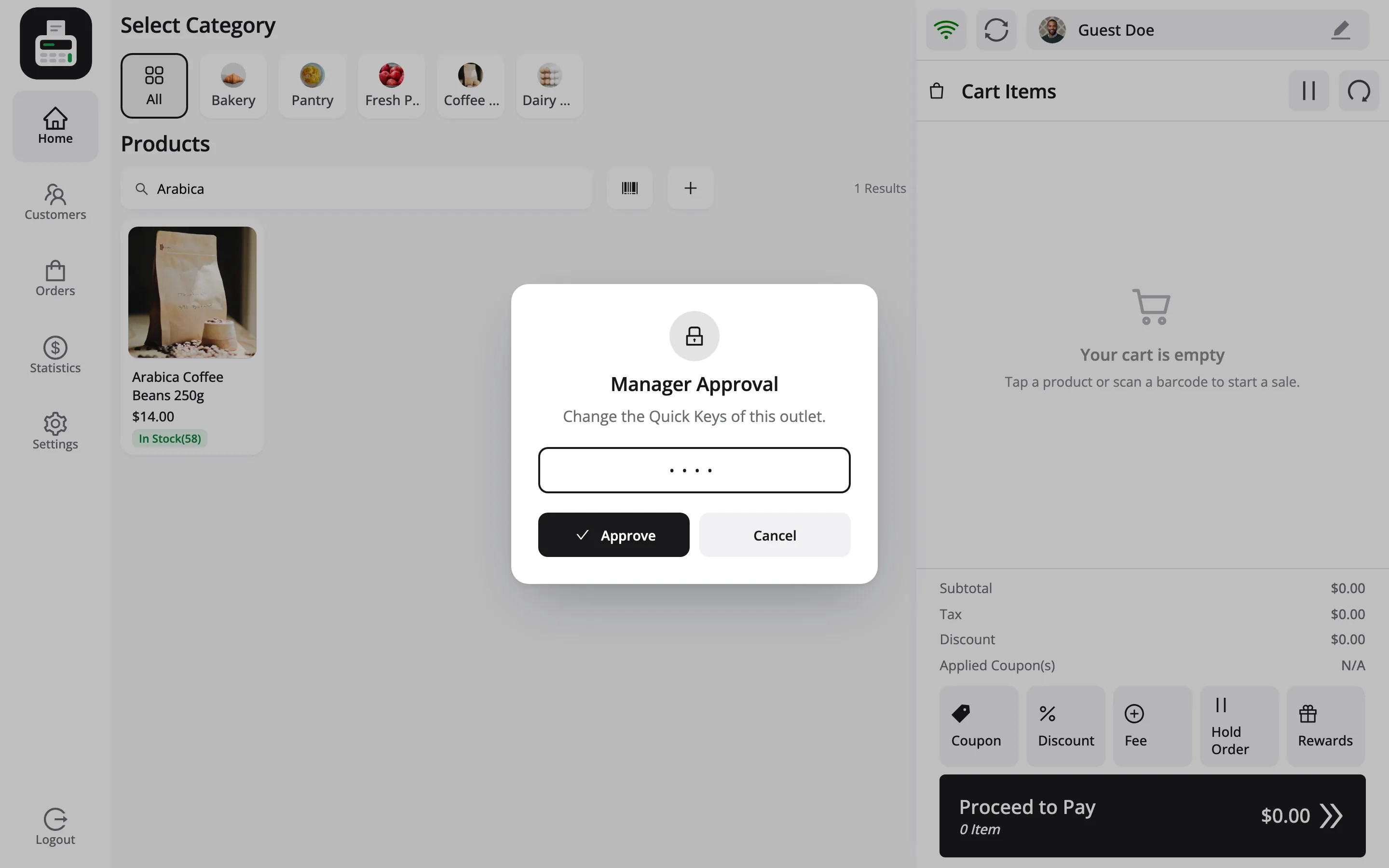 The Manager Approval popup on the POS asking for a PIN to change the Quick Keys