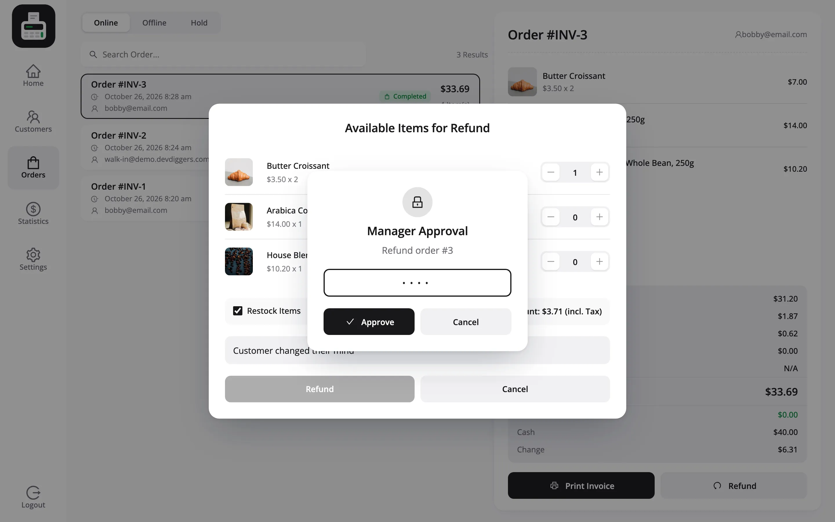 The Manager Approval popup asking for a PIN to approve a refund