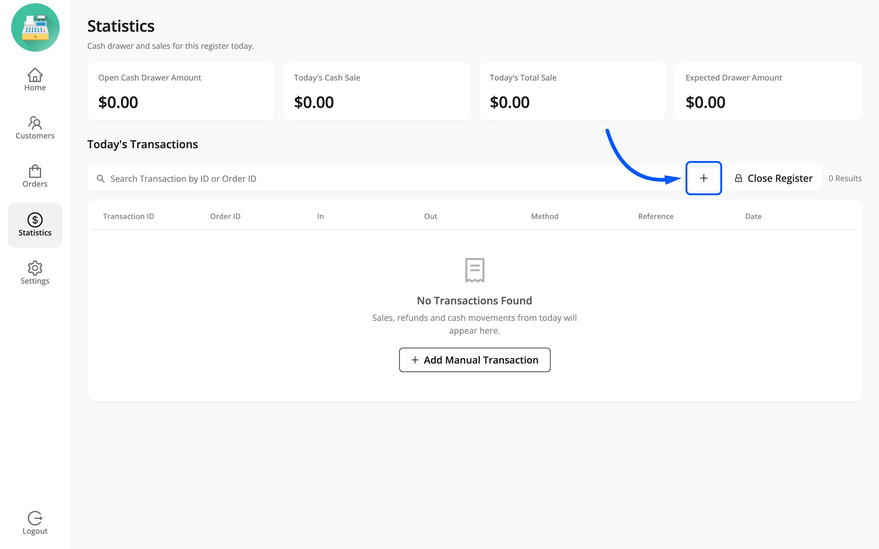 The plus icon above Today’s Transactions that opens a manual transaction