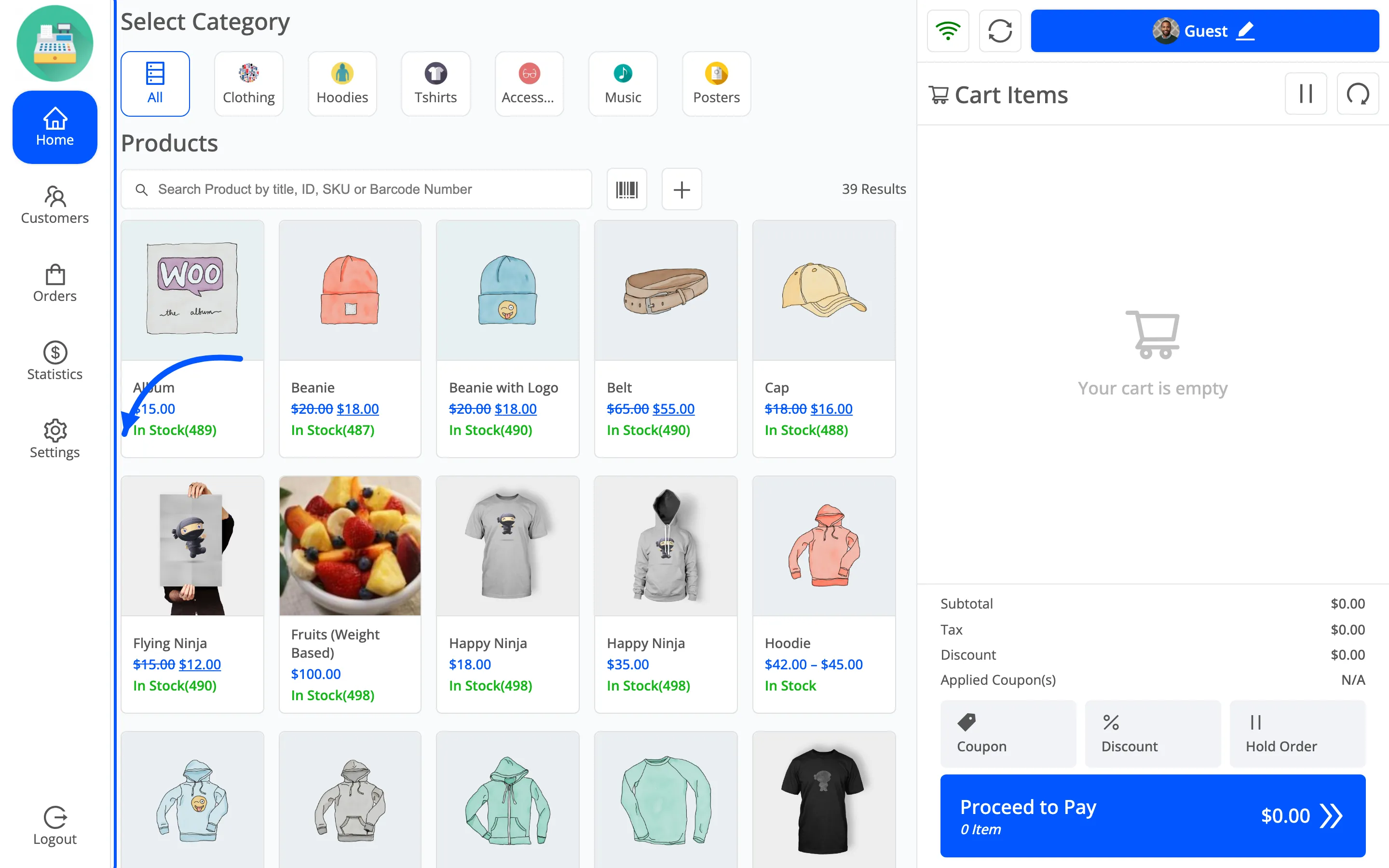 The POS sidebar with Home, Cart, Customers, Orders, Statistics, Settings and Logout