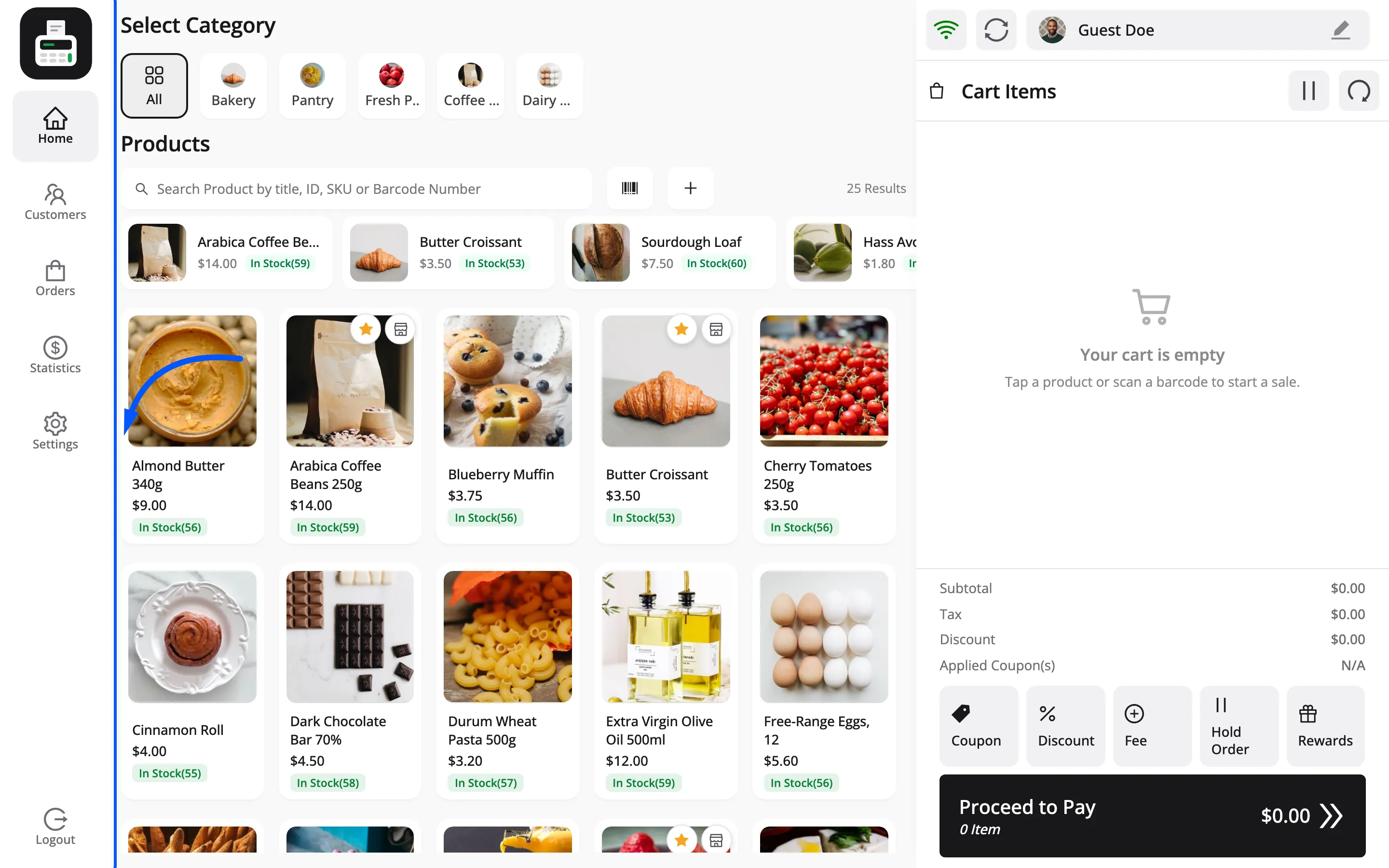 The POS sidebar with Home, Cart, Customers, Orders, Statistics, Settings and Logout