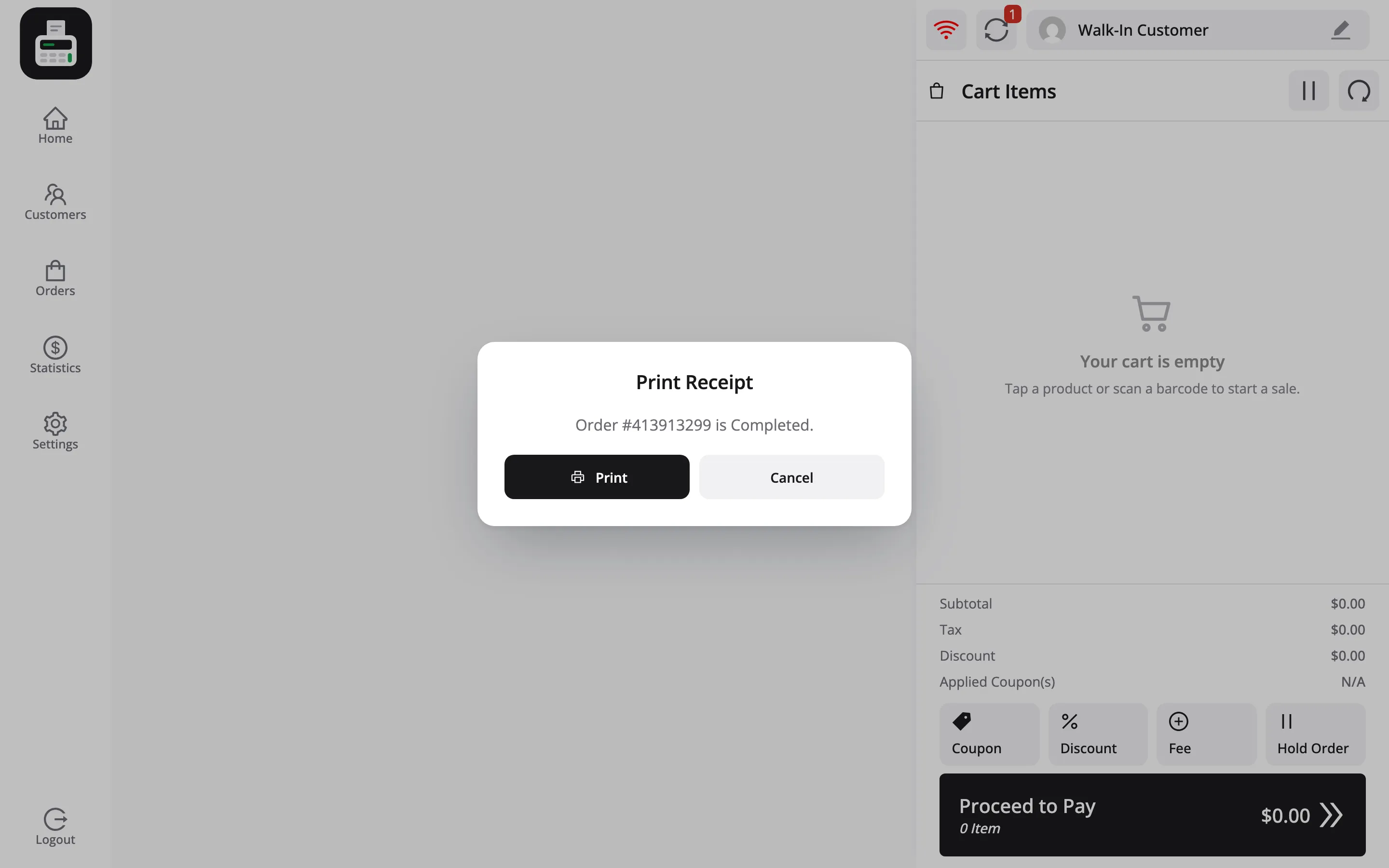 The Print Receipt prompt after a sale taken with the connection down