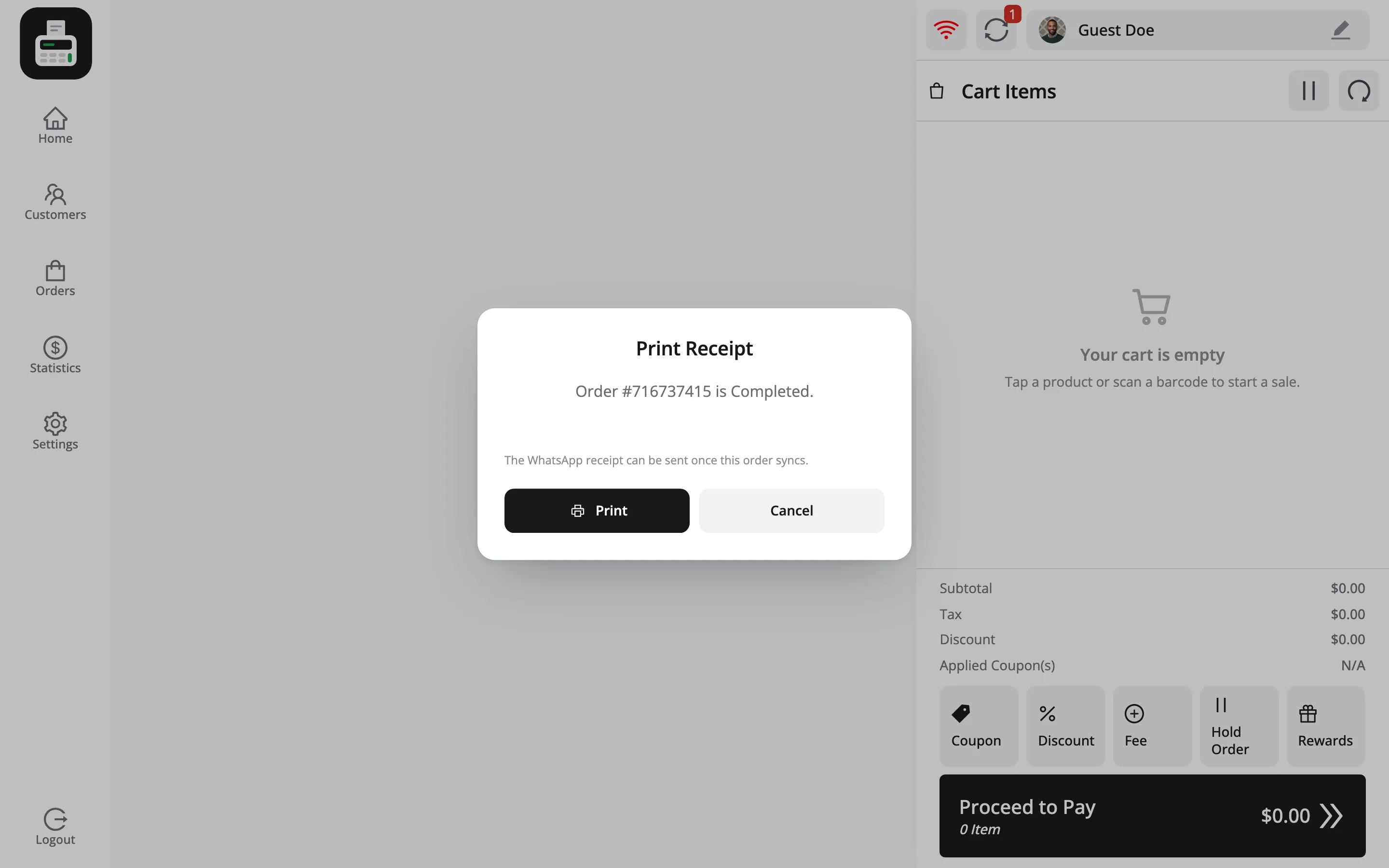 The Print Receipt prompt after a sale taken with the connection down